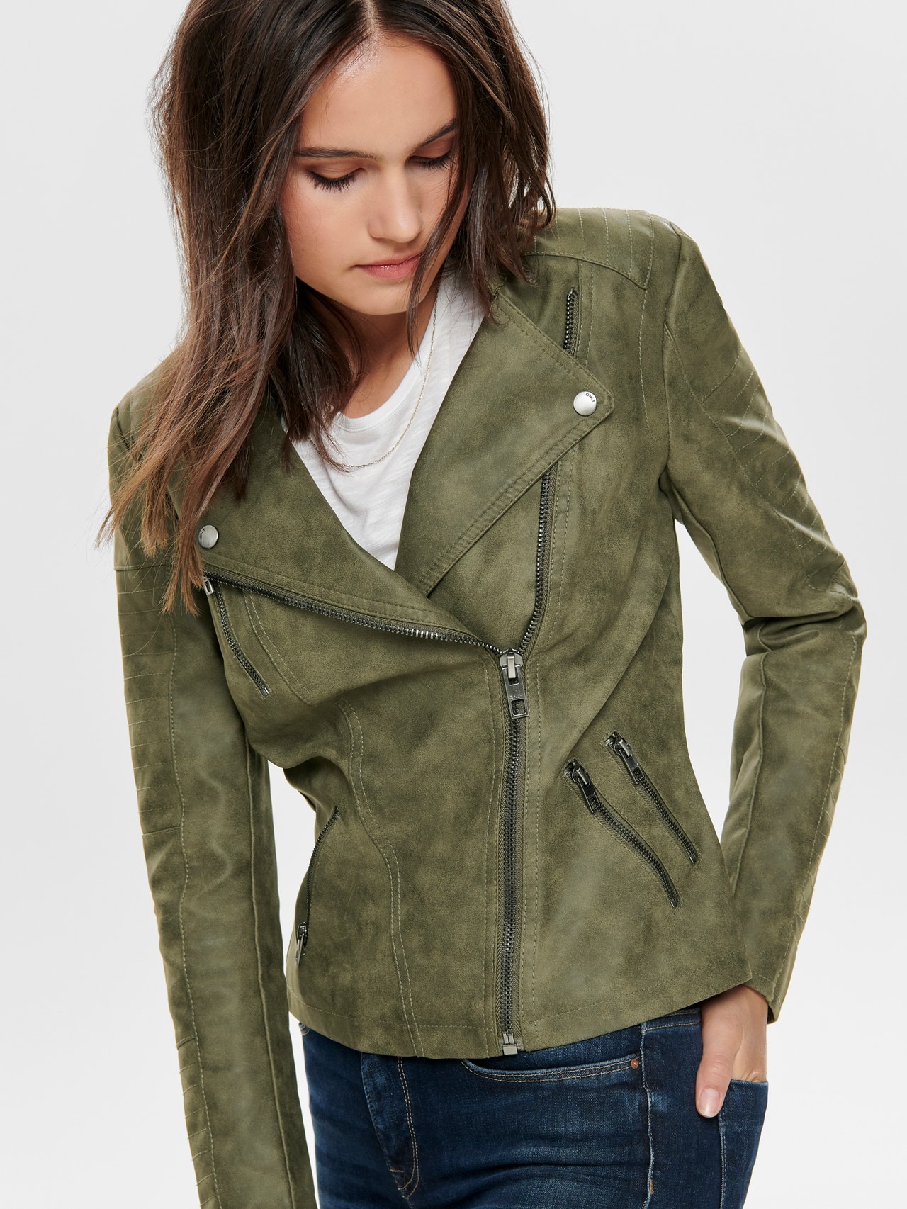 | Leather Medium Jacket ONLY® | look Green