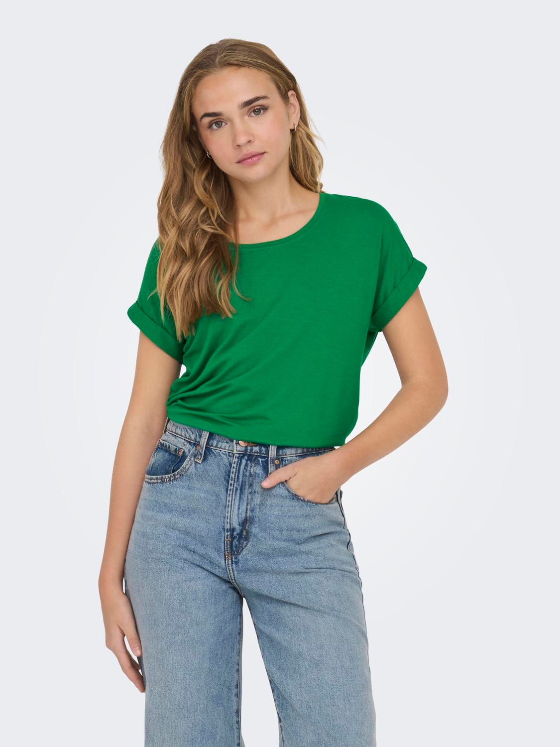 ONLY Regular Fit Round Neck Fold-up cuffs T-Shirt -Jolly Green - 15106662