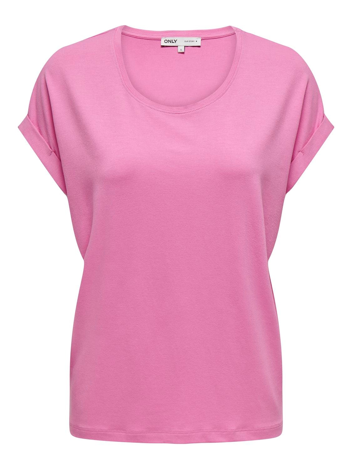 ONLY Normal geschnitten Rundhals Umgeschlagene Ärmelbündchen T-Shirt -Fuchsia Pink - 15106662