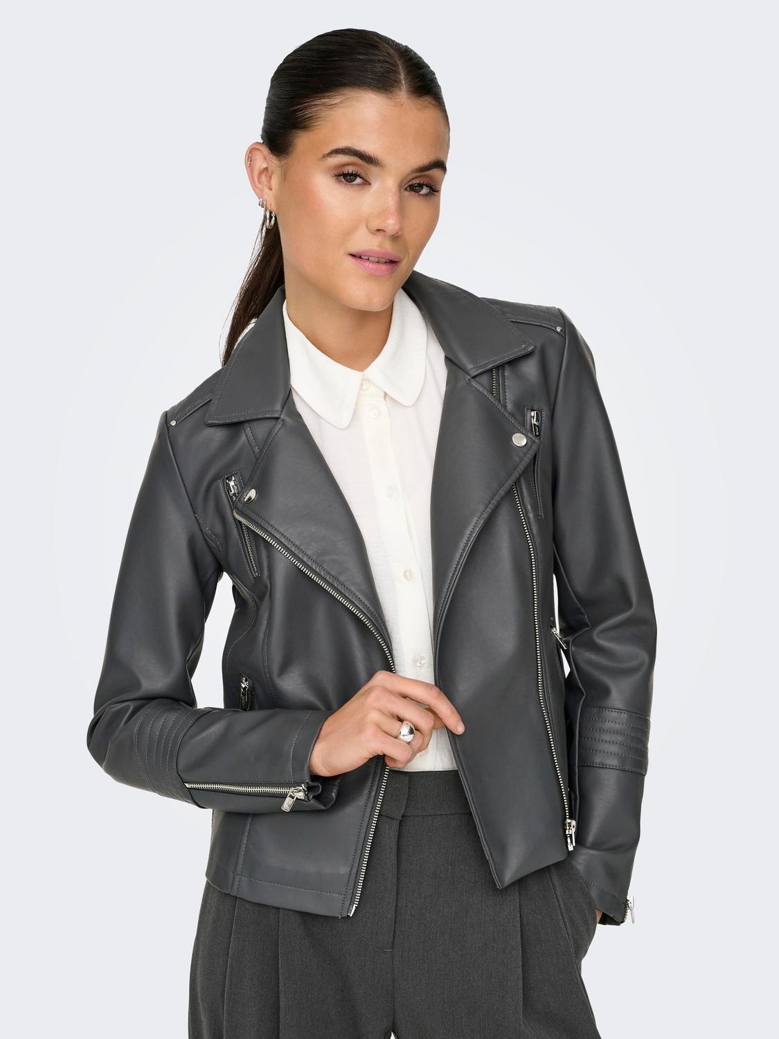 ONLY Biker Faux Leather Jacket -Magnet - 15153079