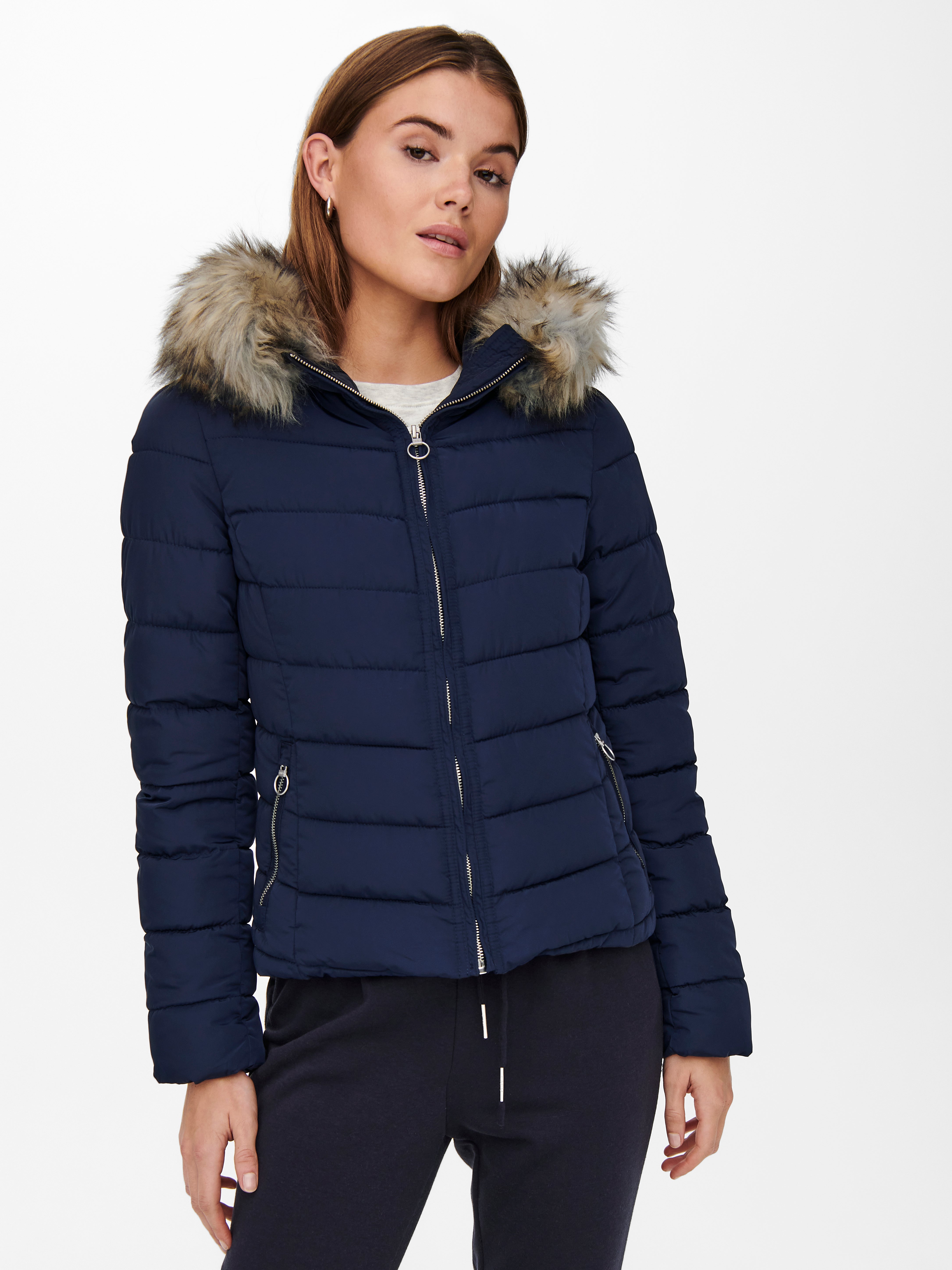 short navy quilted jacket