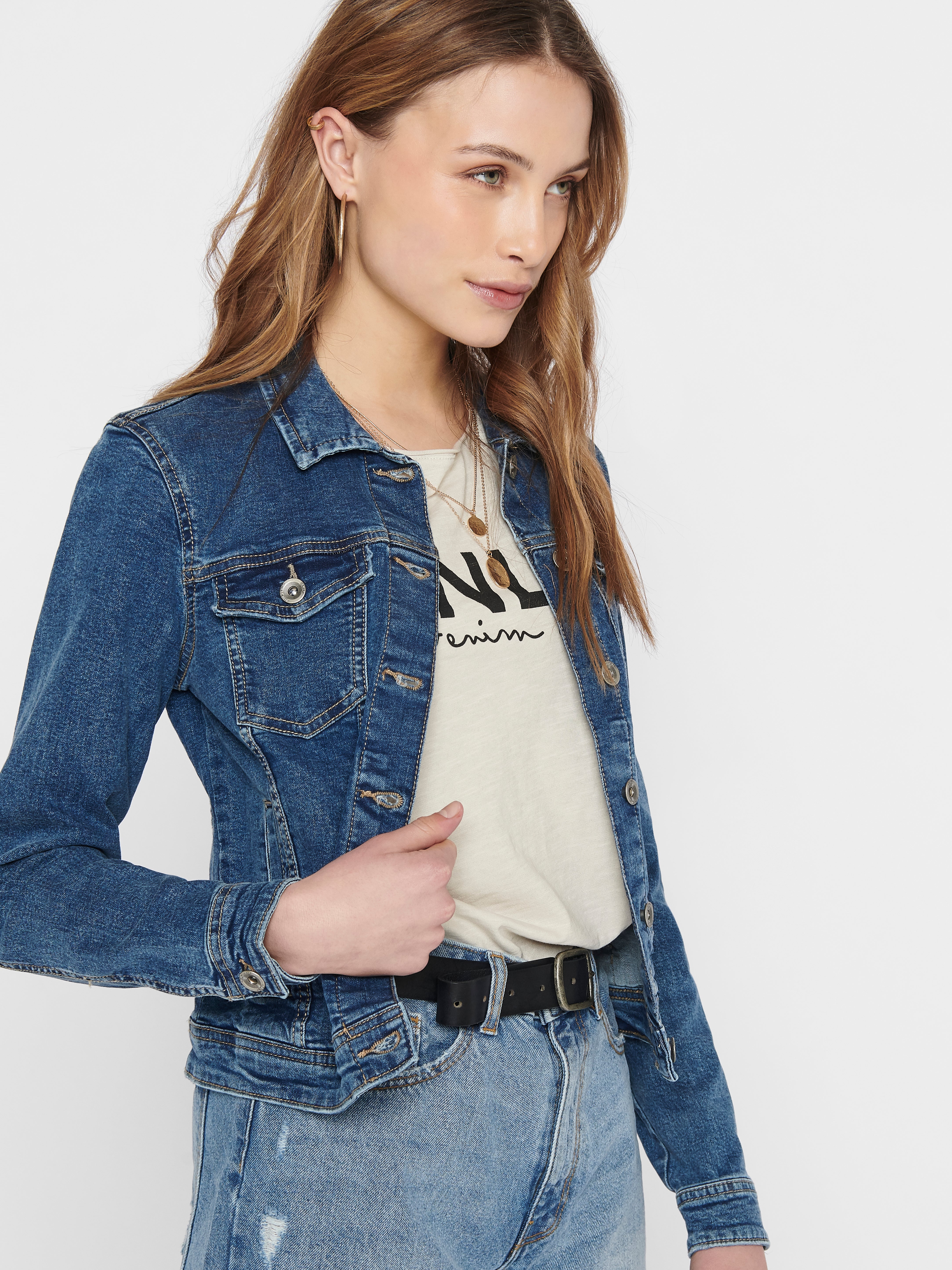 Women's Embellished Black Spread Collar Denim Jacket