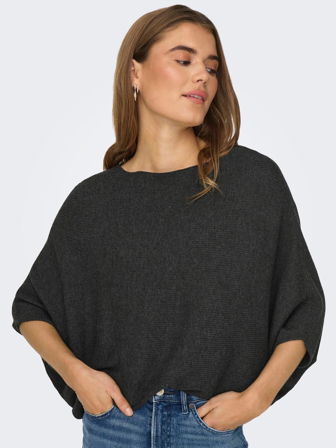 ONLY Fladdermusärmad Stickad tröja -Dark Grey Melange - 15181237