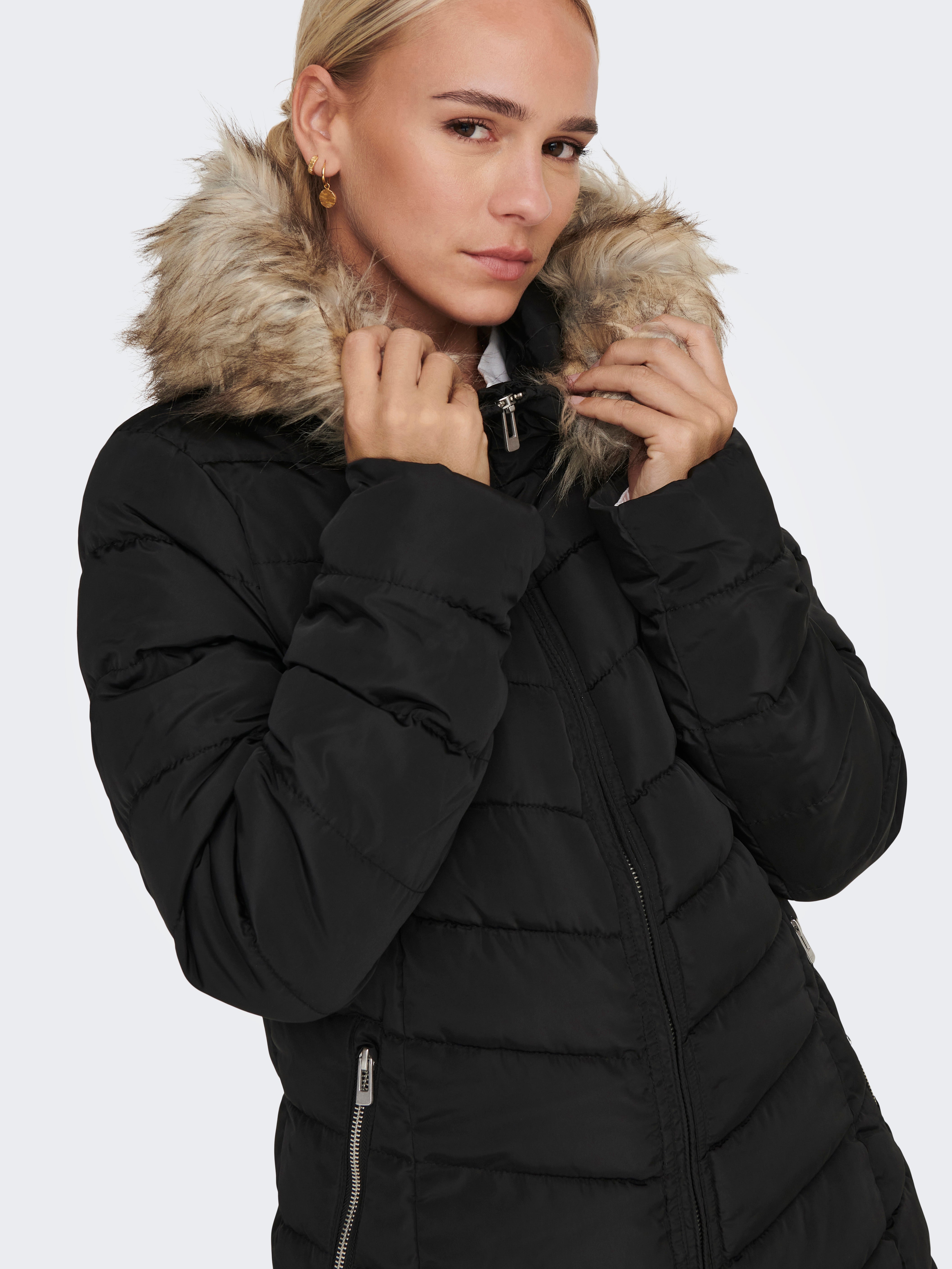 Black quilted jacket with fur clearance hood