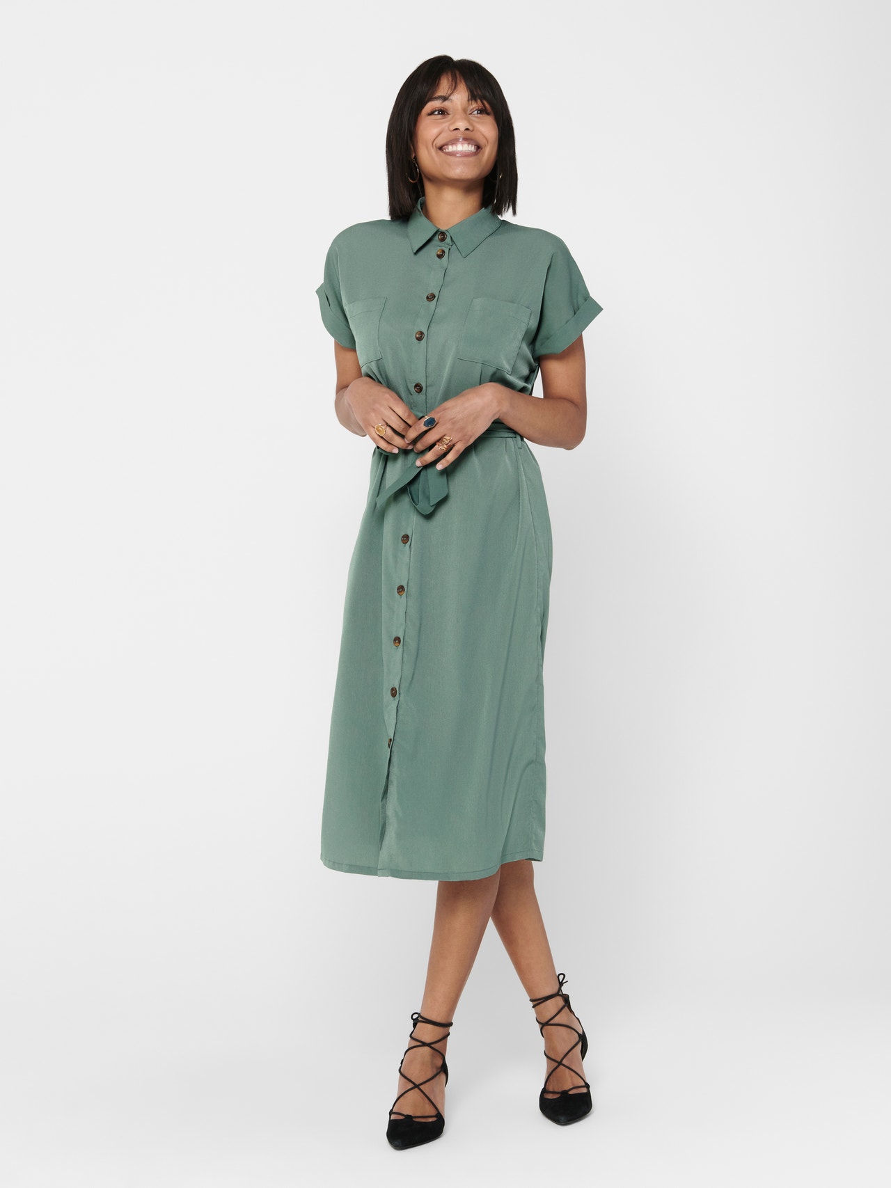 Midi Tie belt Shirt dress Medium | Green | ONLY®