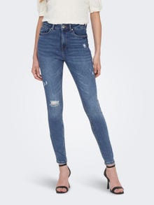 ONLY Jeans Skinny Fit Taille haute Ourlé destroy -Medium Blue Denim - 15195399