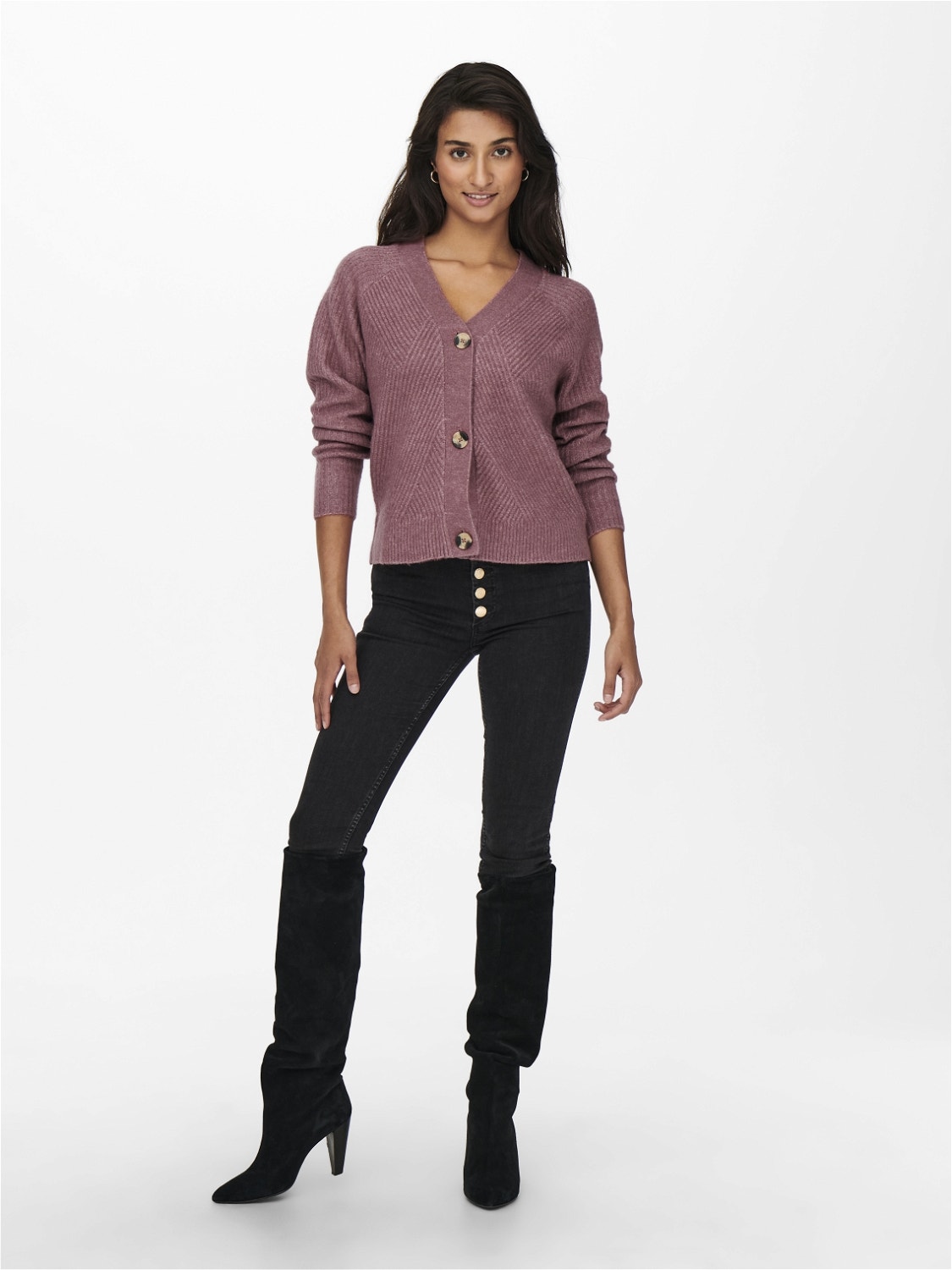 ONLY Regular Fit V-Neck Ribbed cuffs Volume sleeves Knit Cardigan -Crushed Berry - 15196734