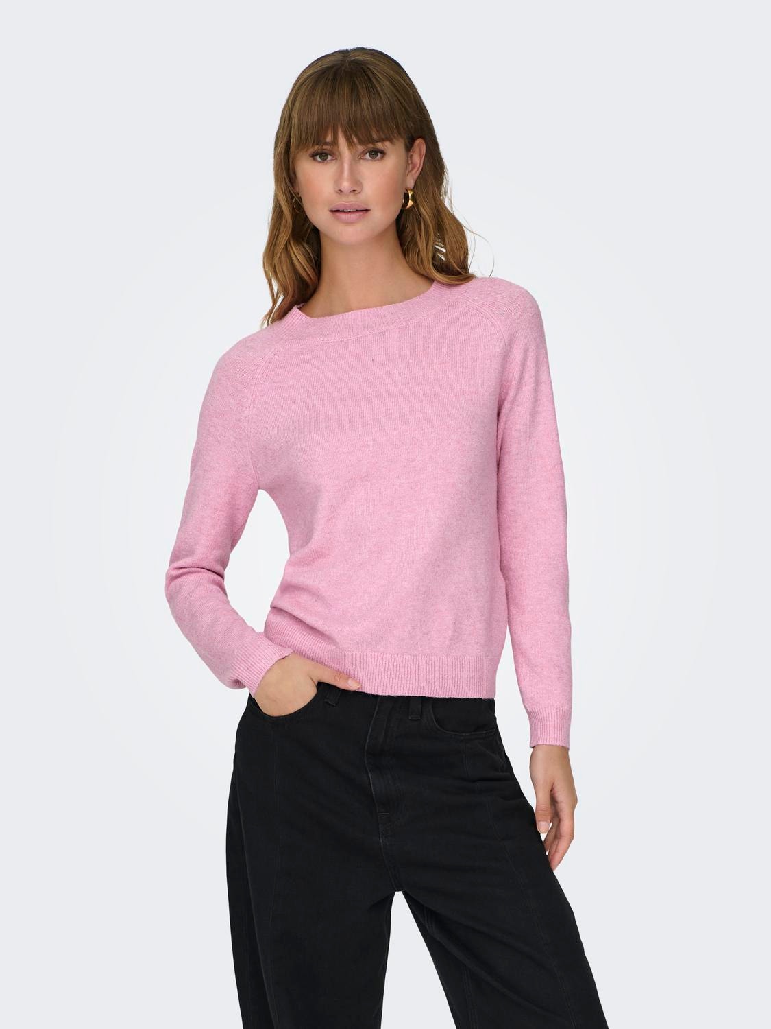 ONLY Rundhals Gerippte Ärmelbündchen Pullover -Prism Pink - 15204279