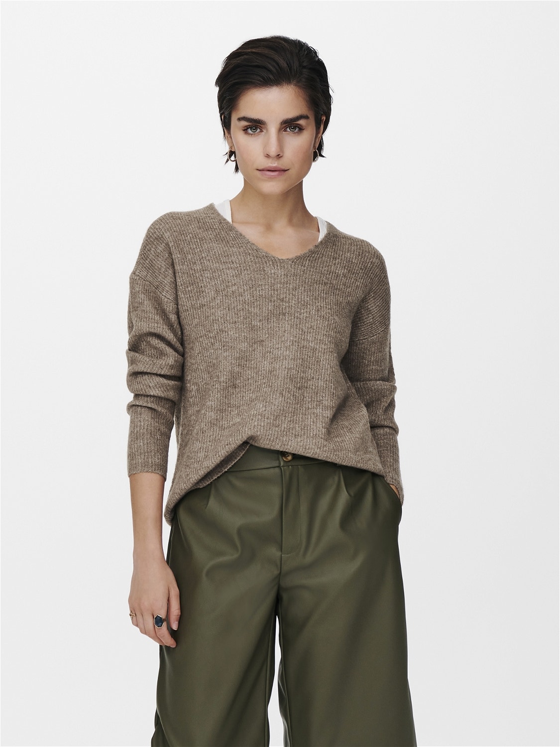 ONLY Regular Fit V-Neck Ribbed cuffs Dropped shoulders Pullover -Caribou - 15204588