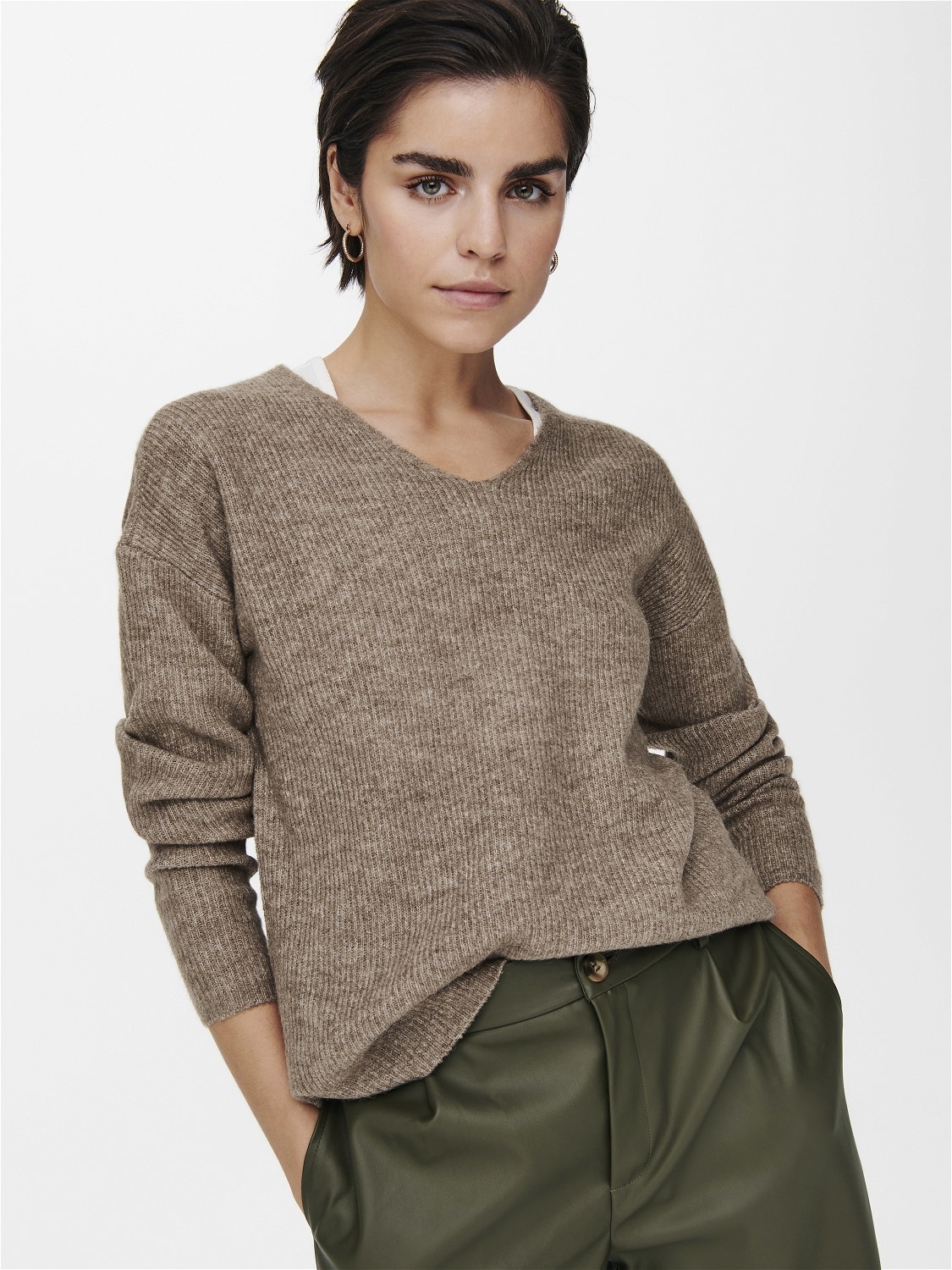 ONLY V-neck Knitted Pullover -Caribou - 15204588