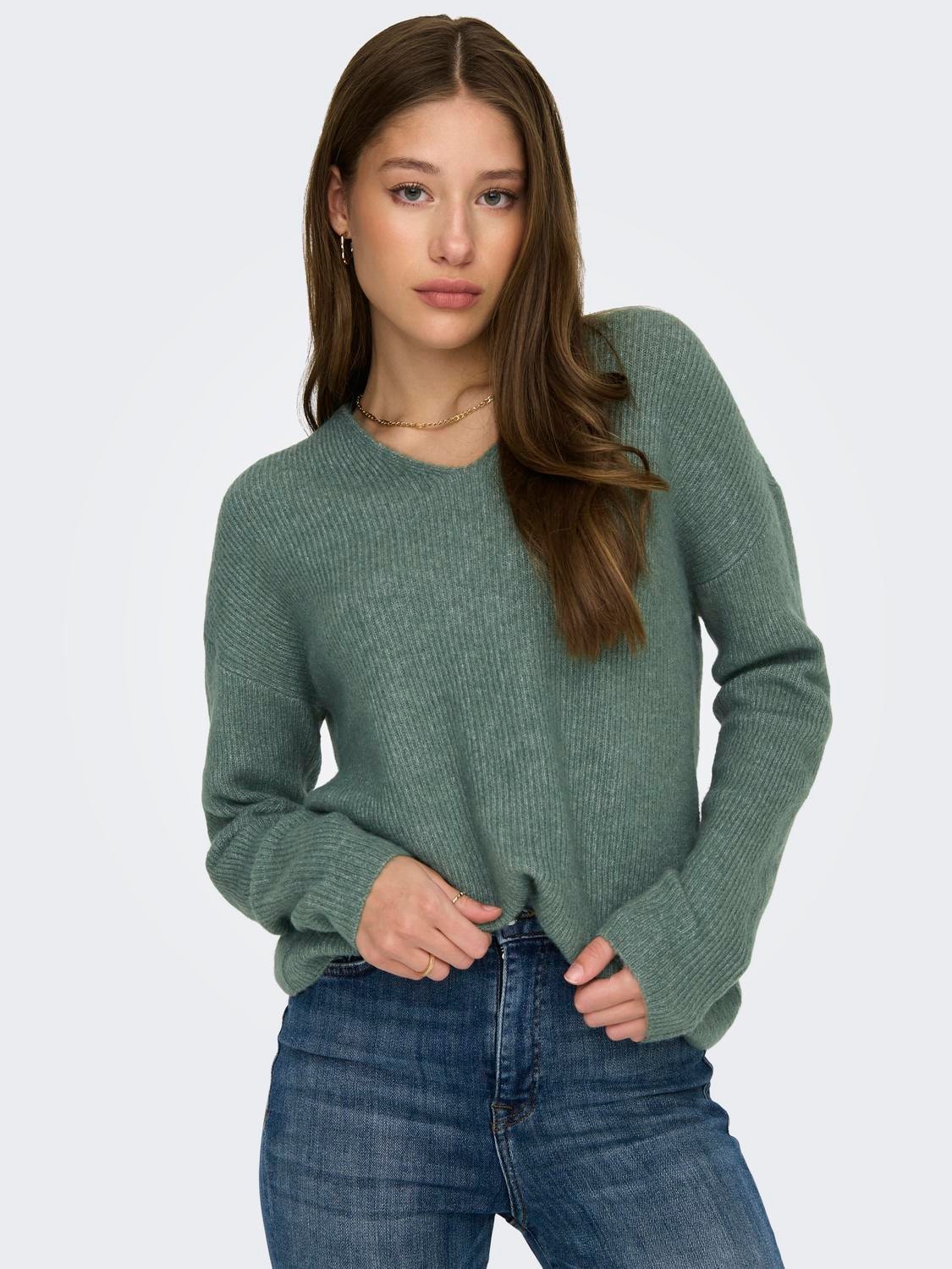 ONLY V-neck Knitted Pullover -Laurel Wreath - 15204588