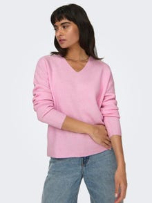 ONLY Regular fit V-Hals Geribde mouwuiteinden Verlaagde schoudernaden Pullover -Pink Lady - 15204588