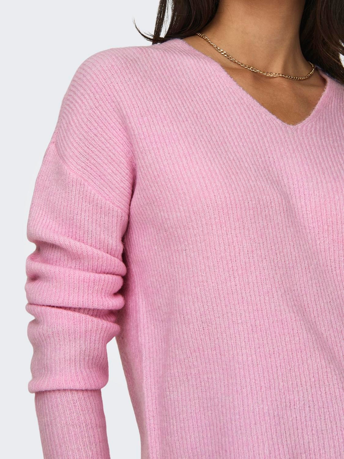 ONLY Normal geschnitten V-Ausschnitt Gerippte Ärmelbündchen Tief angesetzte Schulter Pullover -Pink Lady - 15204588