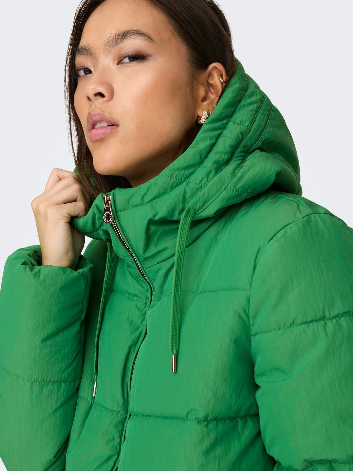 Women's Faux Fur Hooded Mid Length Puffer Jacket in Enamel Green