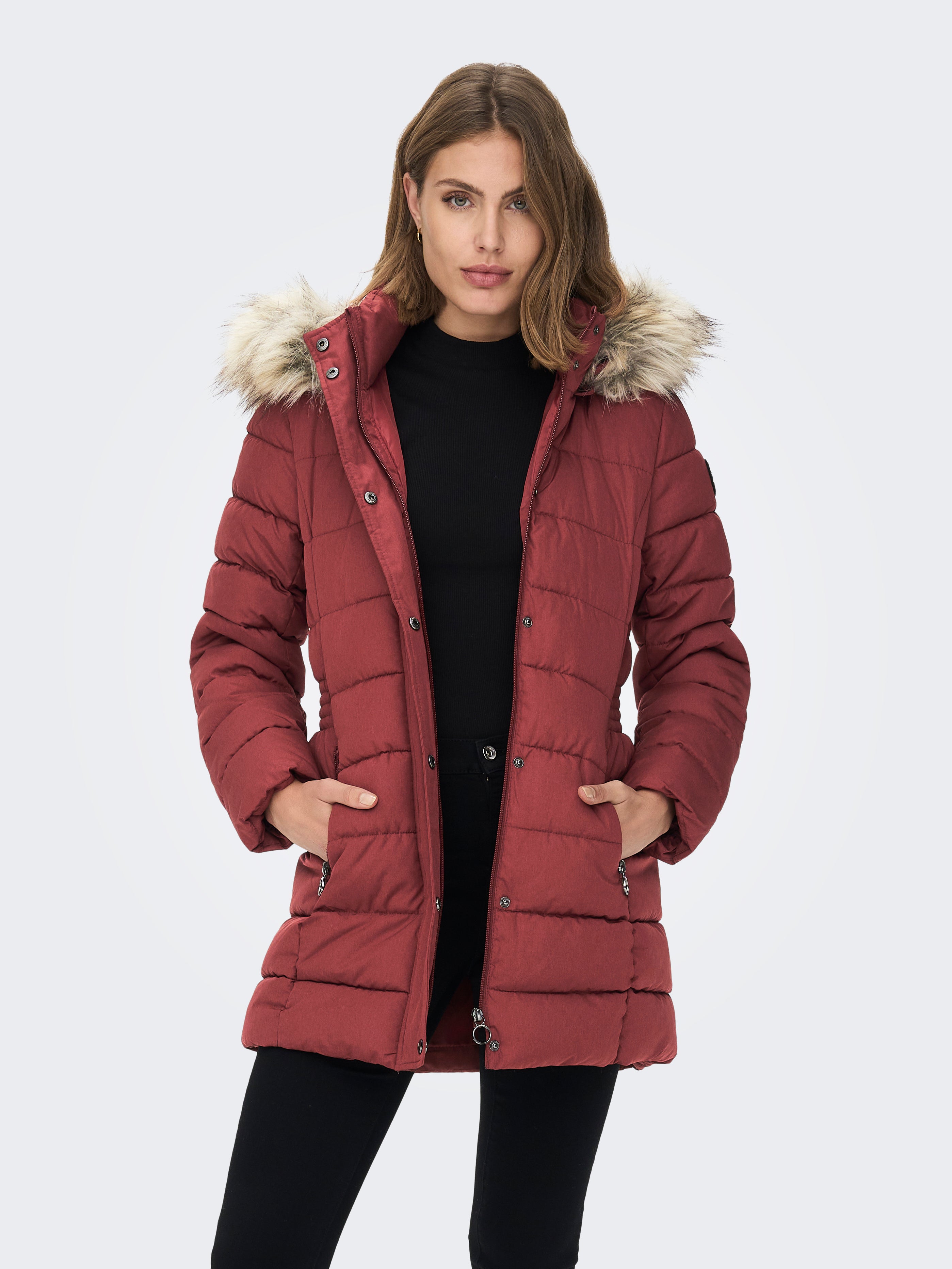 Maroon jacket with fur cheap hood