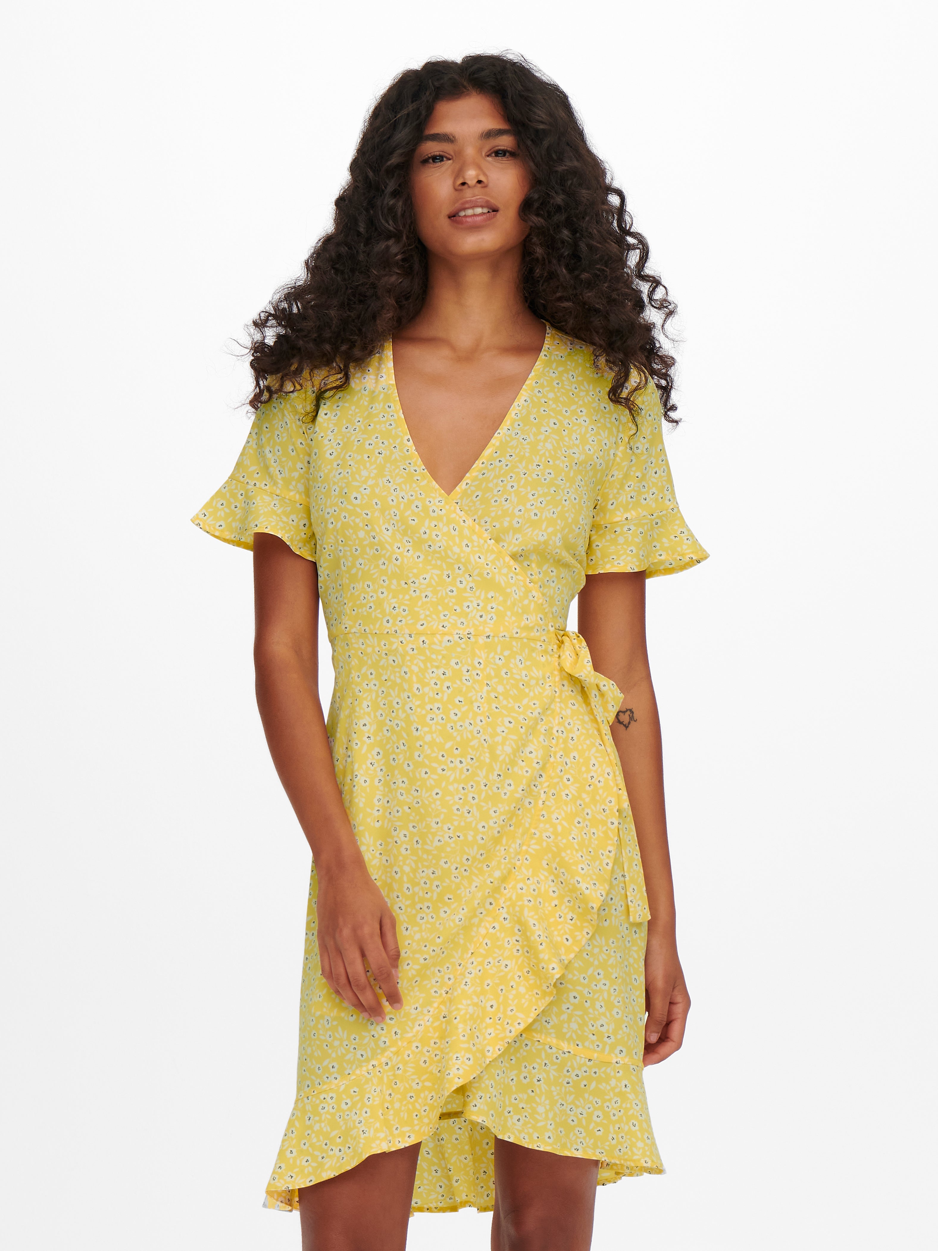 Yellow mini wrap hot sale dress