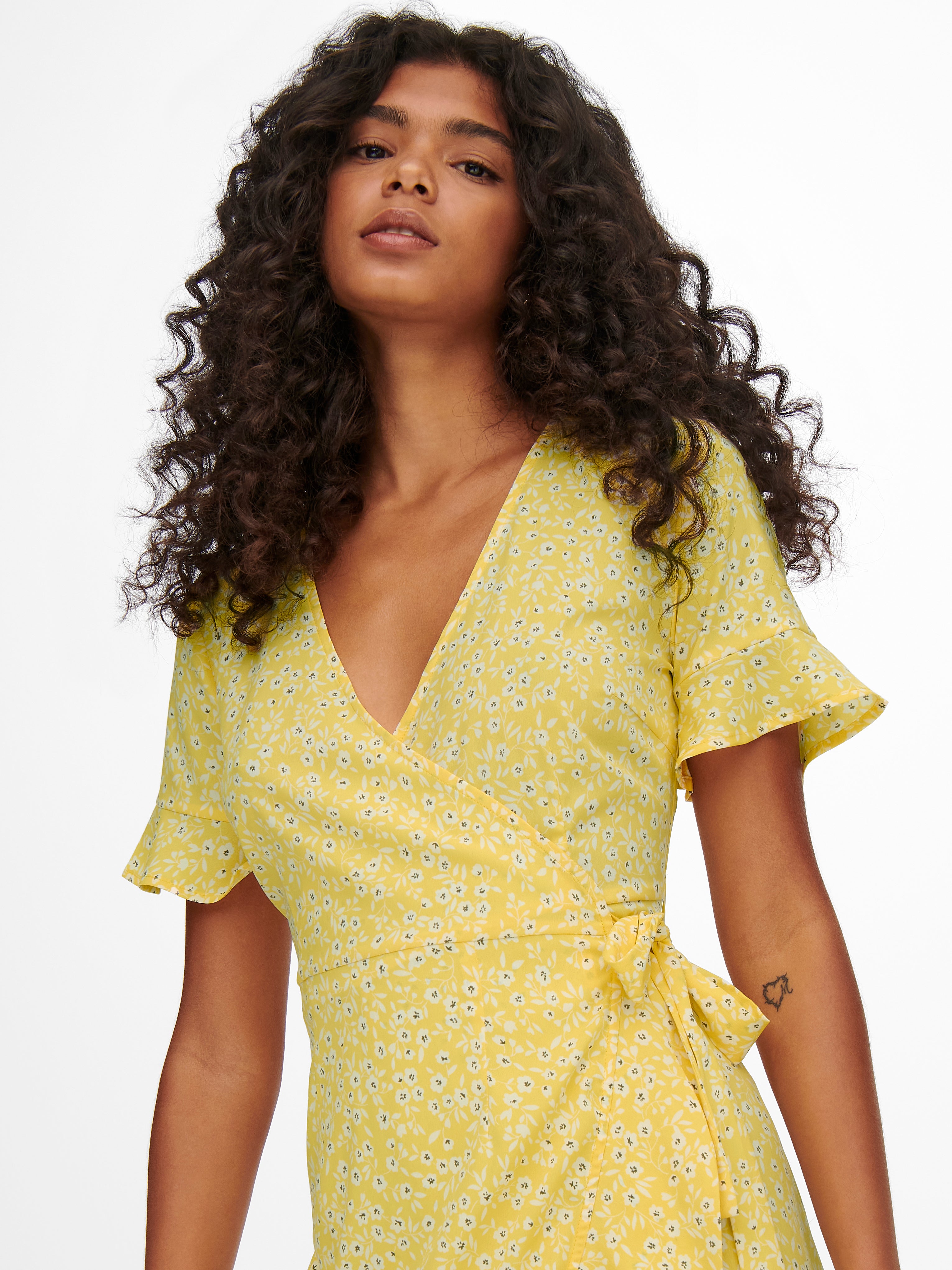 Yellow wrap mini hot sale dress