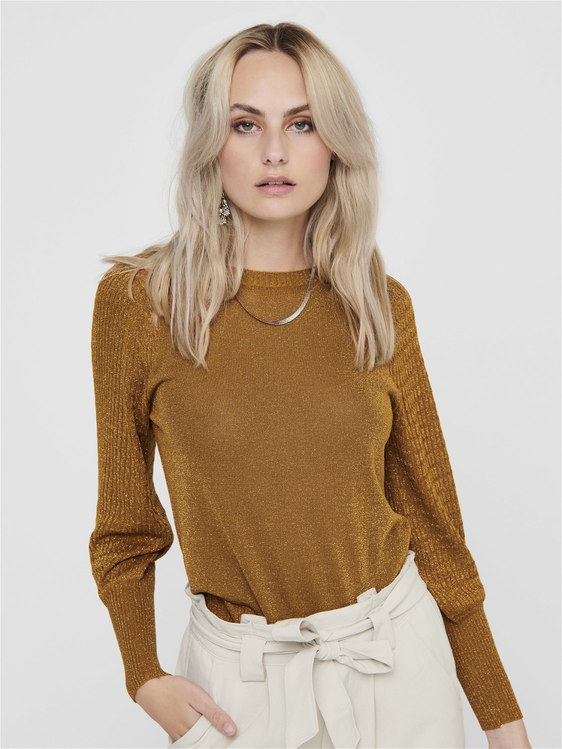 ONLY Glitter knit with puff sleeves -Pumpkin Spice - 15206747
