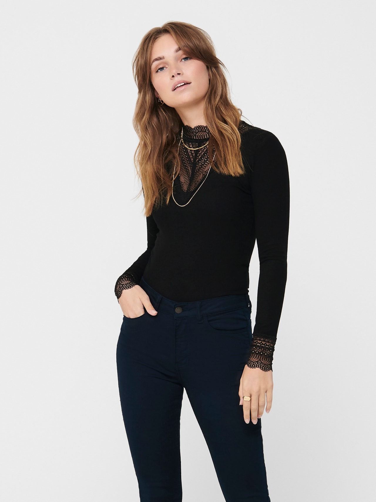 ONLY Long sleeved top with lace -Black - 15207788