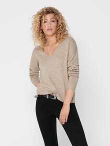 ONLY V-Neck Ribbed cuffs Dropped shoulders Pullover -Oatmeal - 15207823