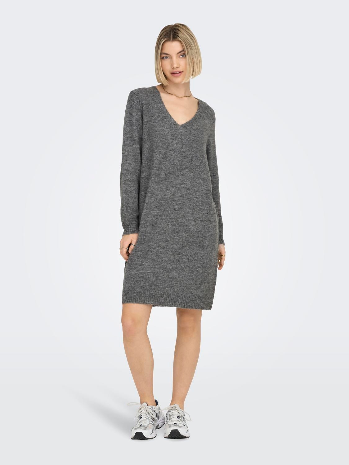 ONLY V-neck Knitted Dress -Dark Grey Melange - 15207844
