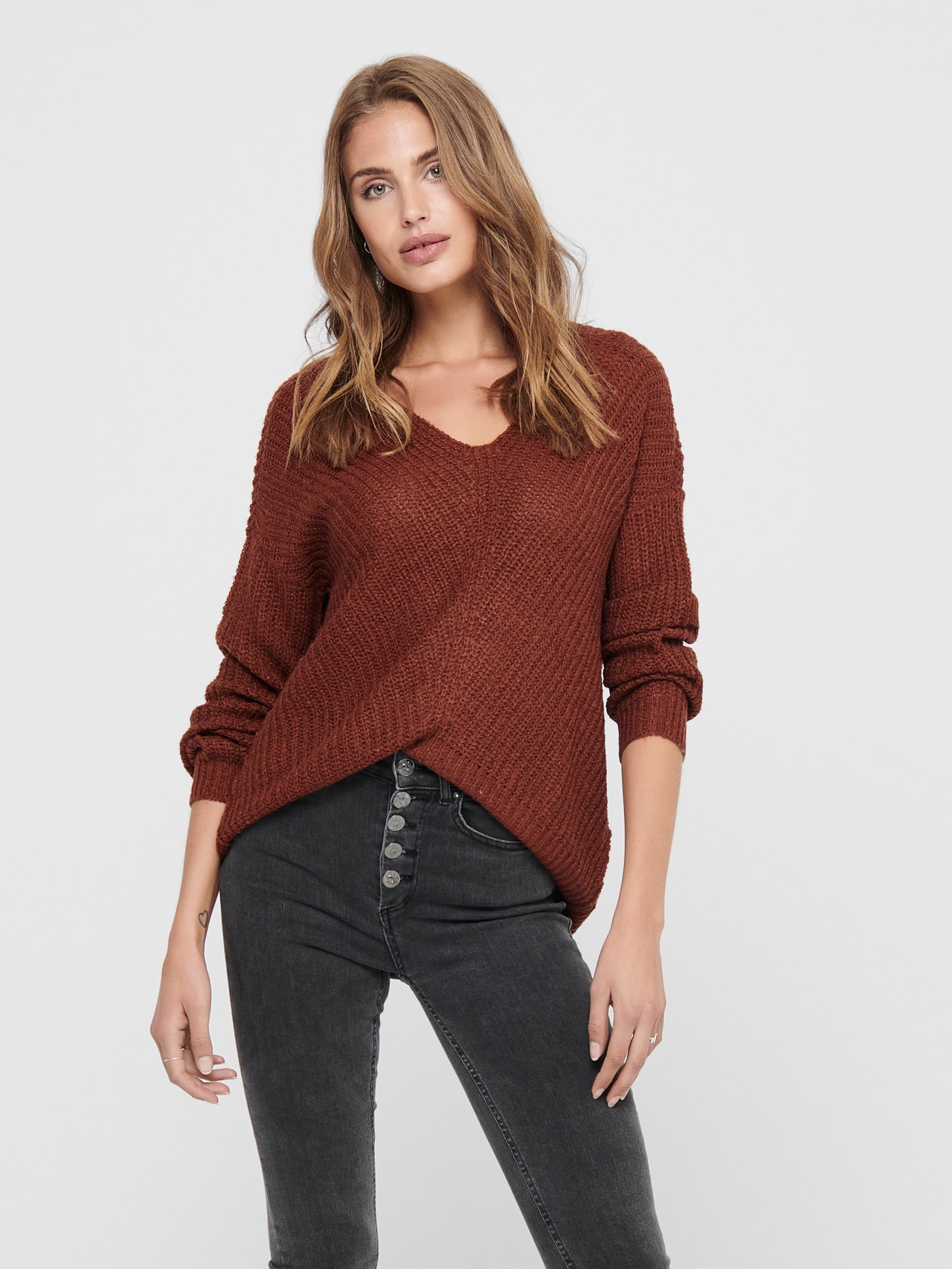 ONLY V-neck knitted pullover -Smoked Paprika - 15208245