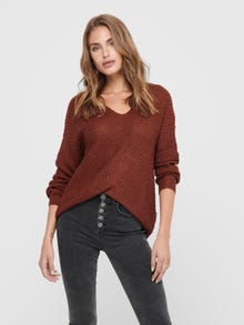 ONLY V-Neck Ribbed cuffs Dropped shoulders Pullover -Smoked Paprika - 15208245