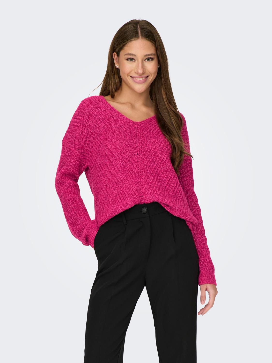 ONLY V-Neck Ribbed cuffs Dropped shoulders Pullover -Beetroot Purple - 15208245