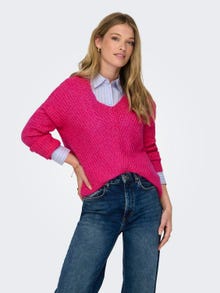 ONLY V-Neck Ribbed cuffs Dropped shoulders Pullover -Fuchsia Purple - 15208245