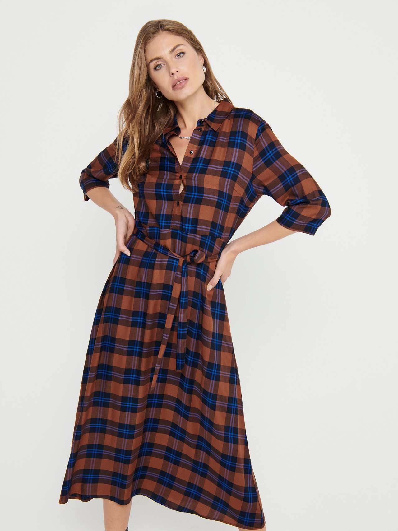 ONLY Maxi Checked Shirt dress -Leather Brown - 15209058