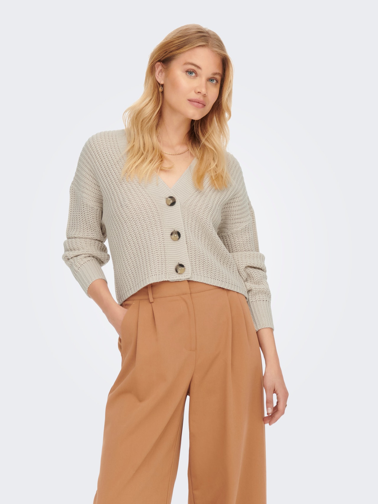Long Sleeve Tie Waist Detail Zip Up Cropped Cardigan In Stone Knit