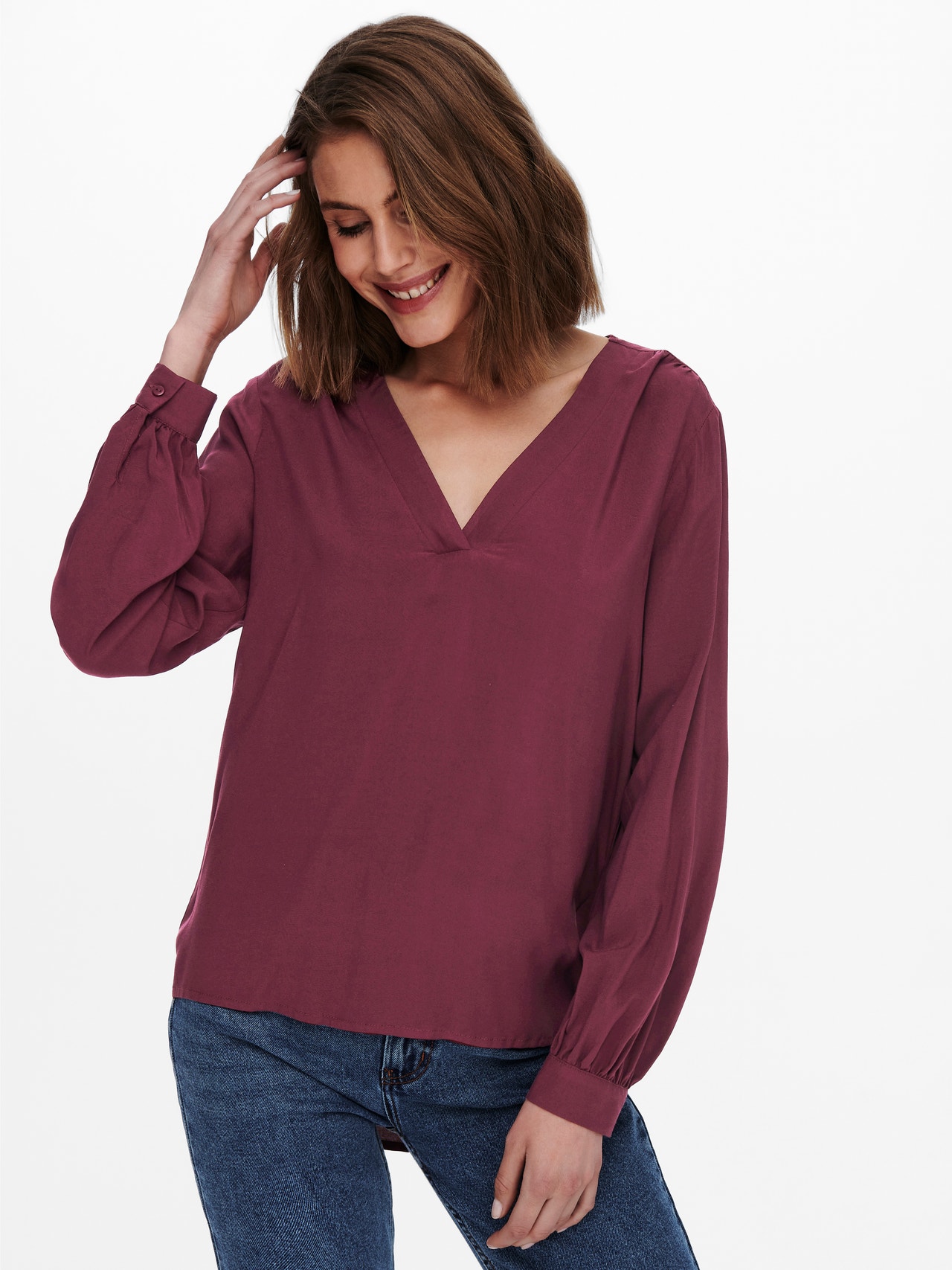 ONLY Tops Loose Fit Col en V Manches ballons -Windsor Wine - 15212759