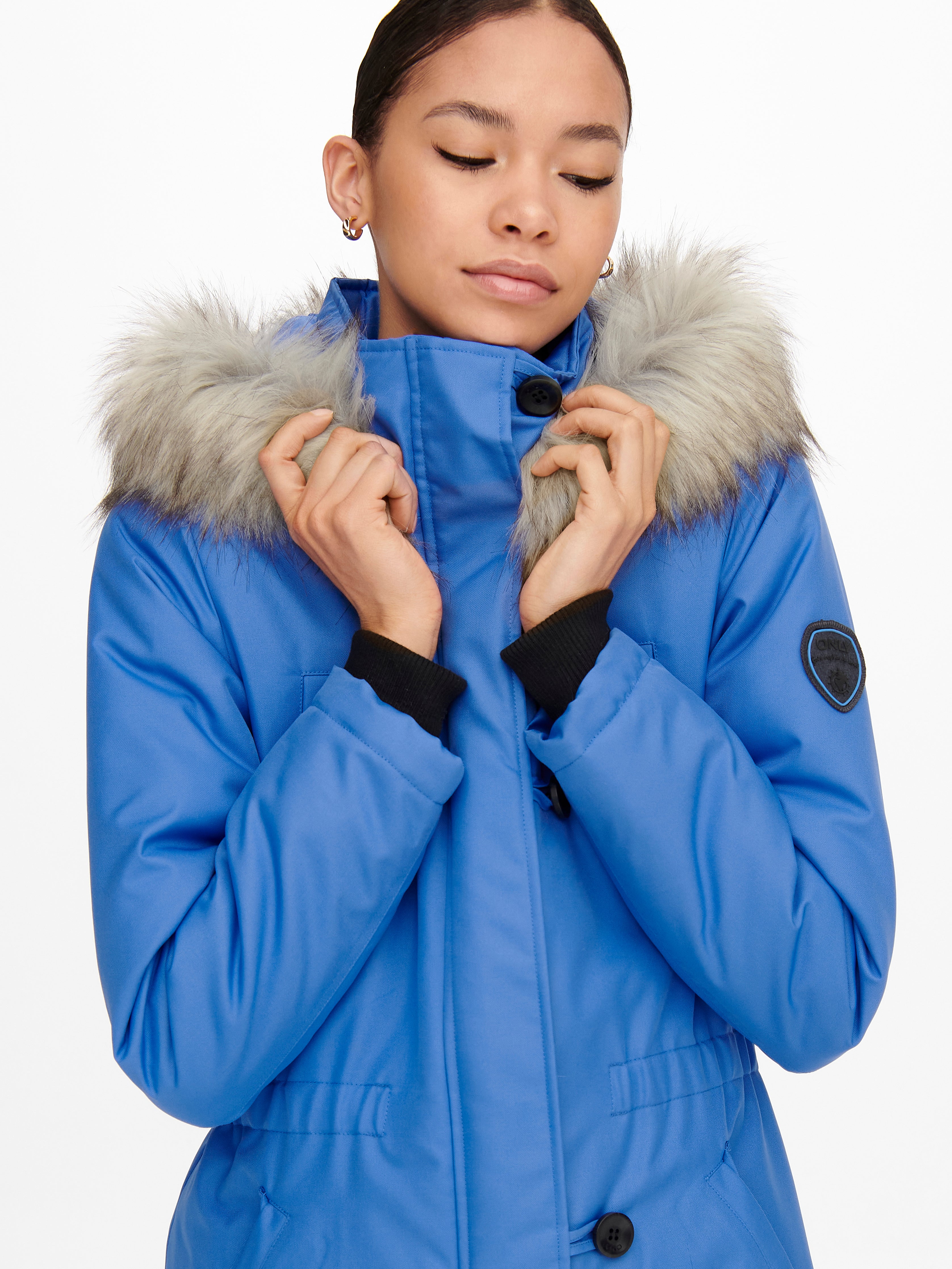 Jacket with fur outlet hood and cuffs