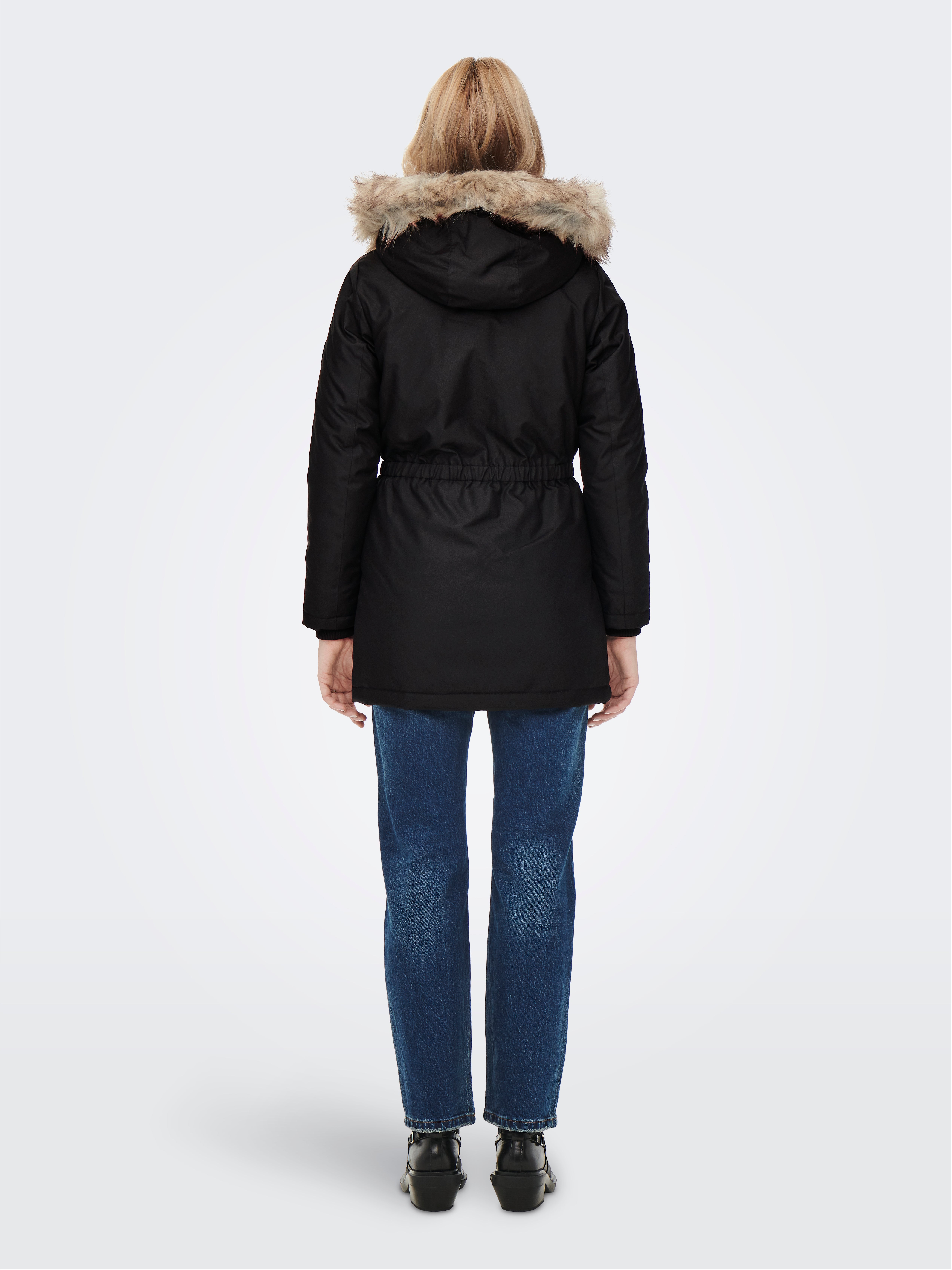 Hood with detachable faux fur edge Ribbed cuffs Parka Black ONLY