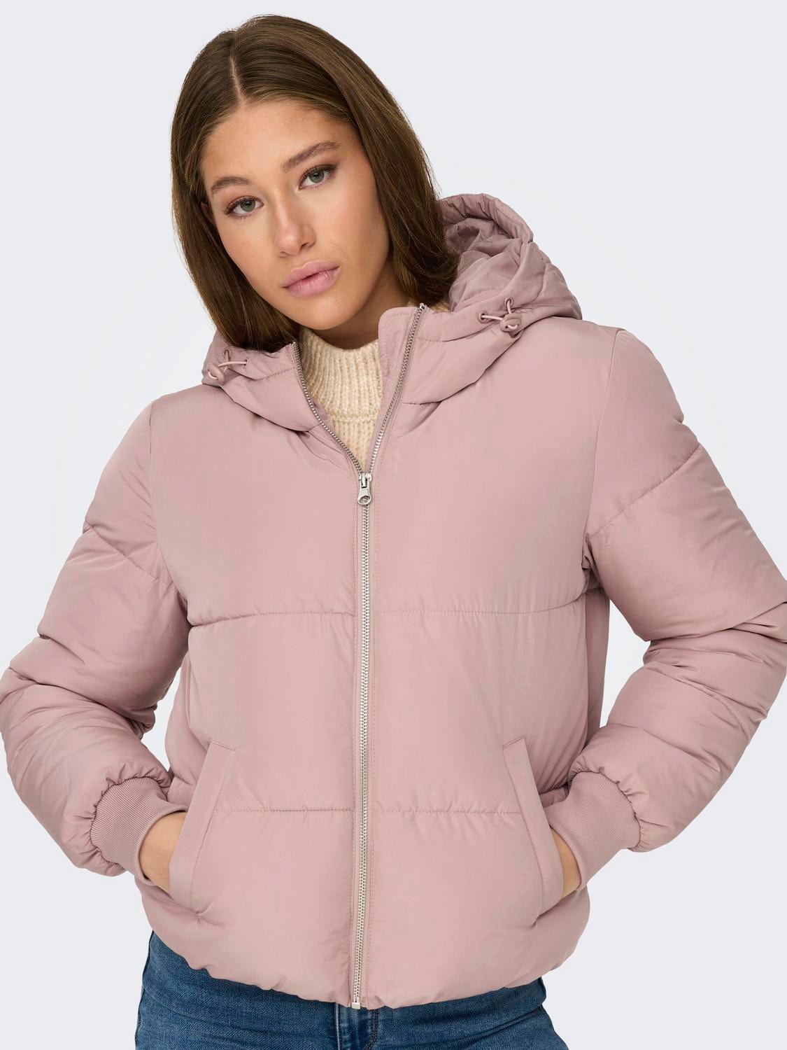 JDY Destiny Cropped Bomber Padded Puffer Jacket with Hood in Rose