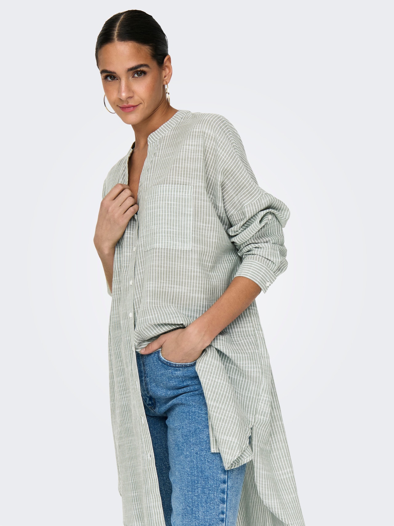 ONLY Long shirt with china collar -Hedge Green - 15214381
