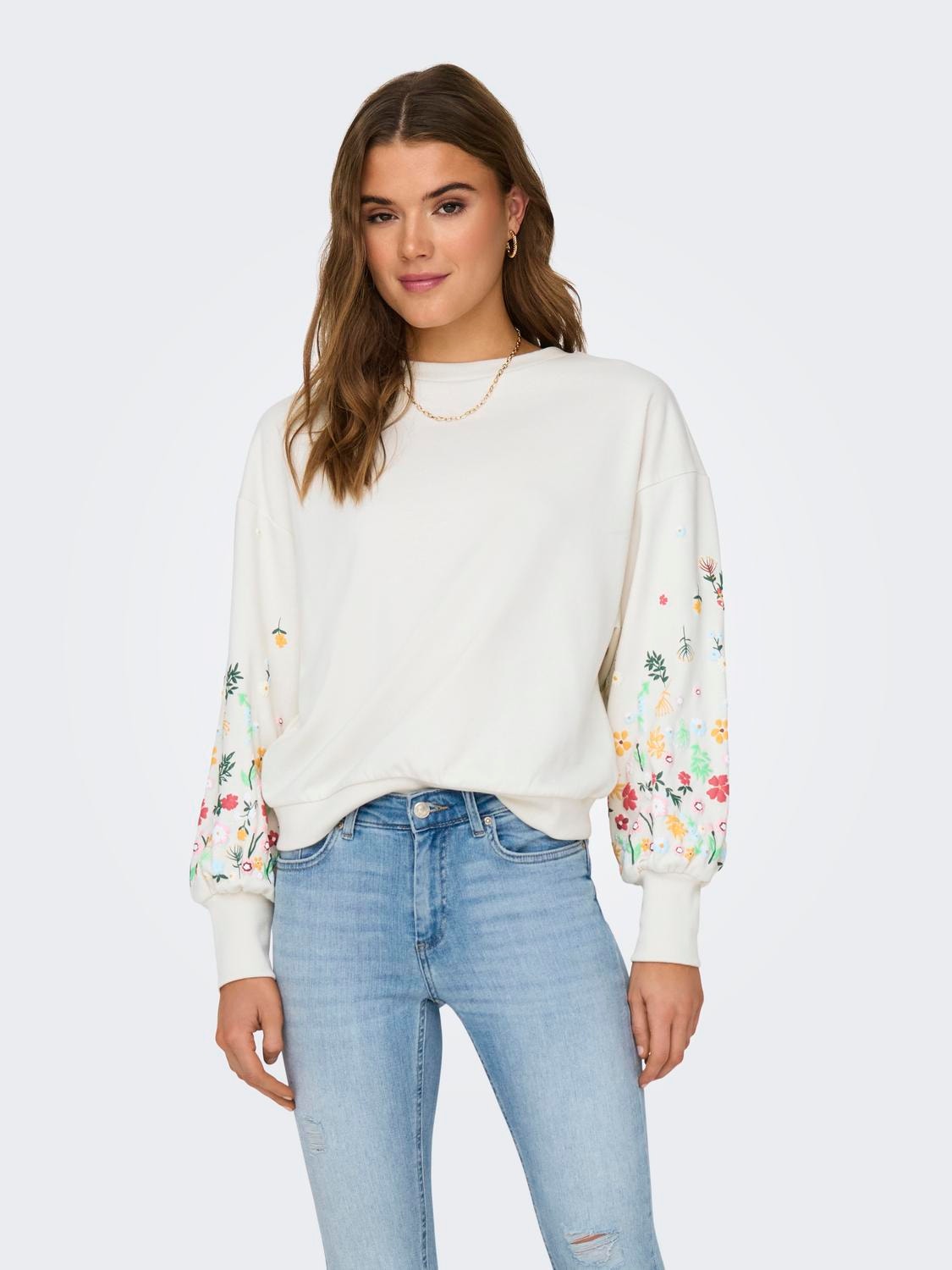 ONLY Regular Fit Round Neck Ribbed cuffs Dropped shoulders Sweatshirt -Cloud Dancer - 15216364