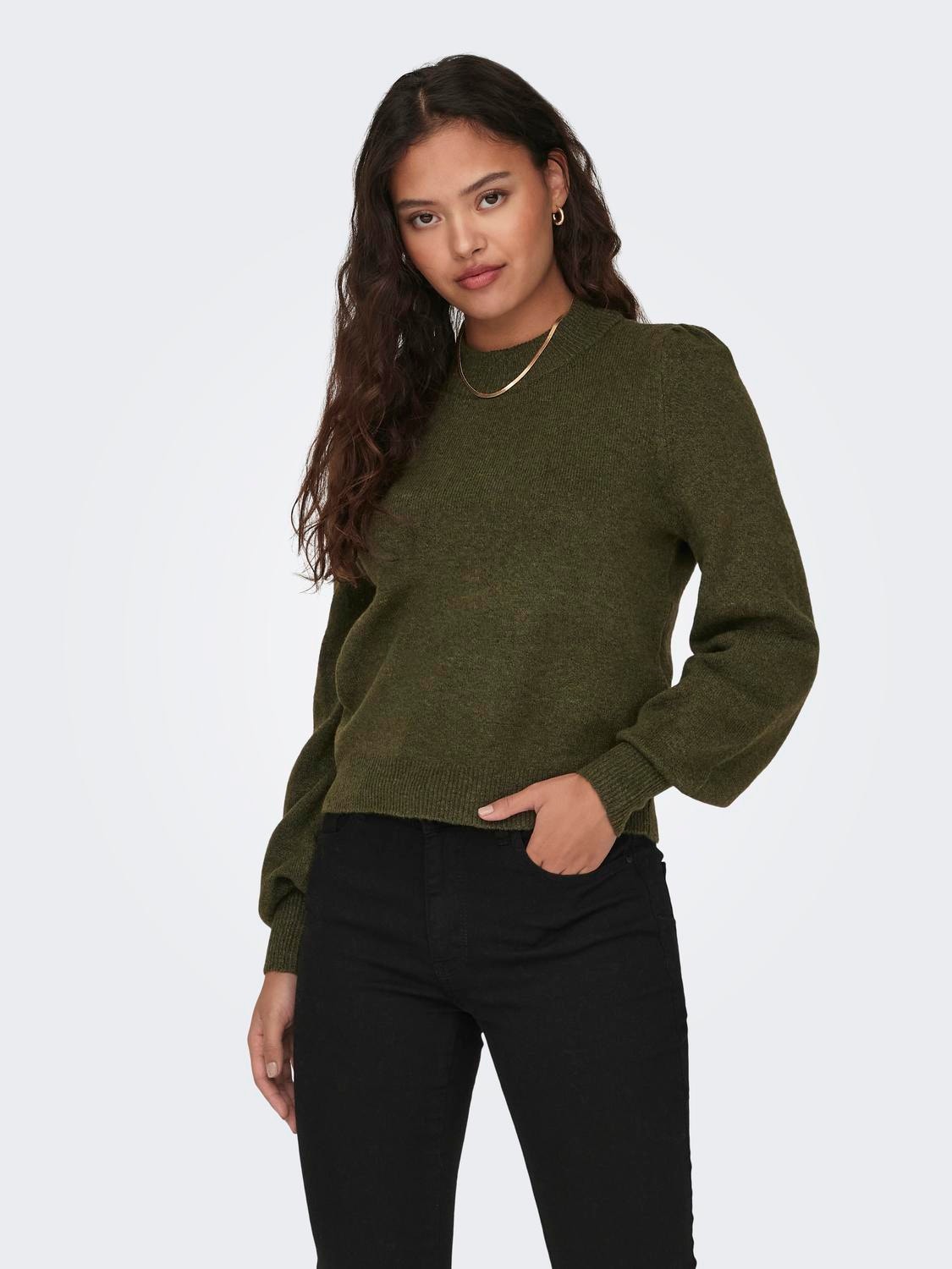 ONLY Knit Fit Round Neck High cuffs Balloon sleeves Pullover -Dark Olive - 15216638