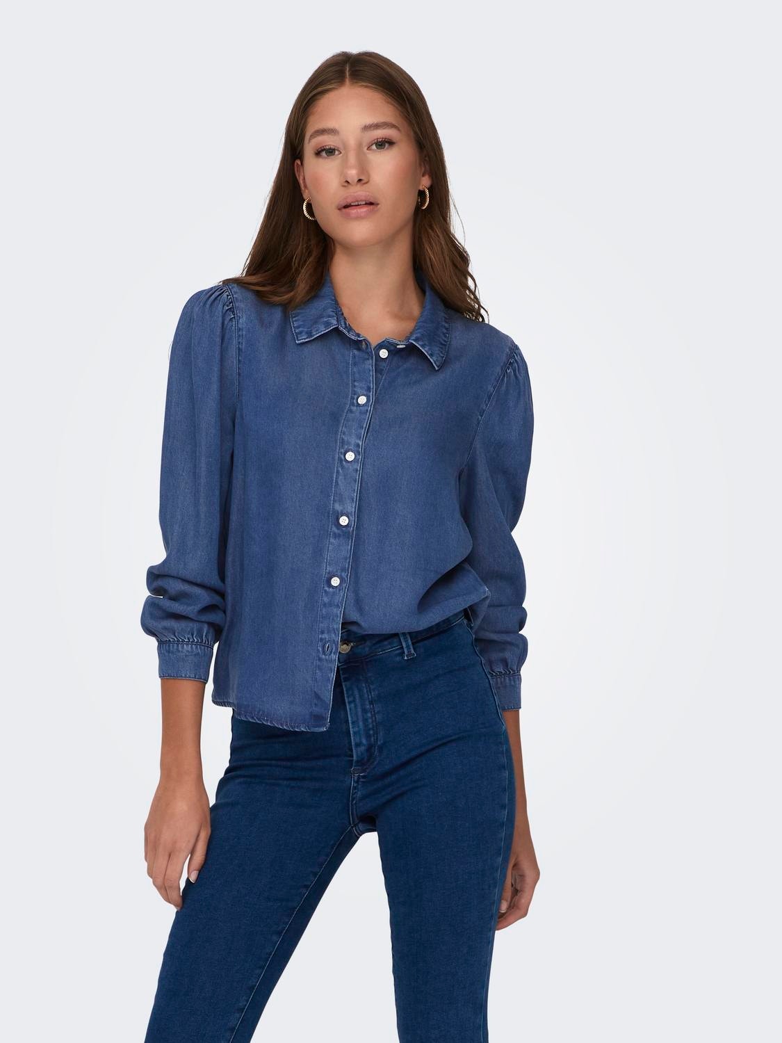ONLY Normal passform Skjortkrage Manschetter med knappar Puffärmar Skjorta -Medium Blue Denim - 15218685