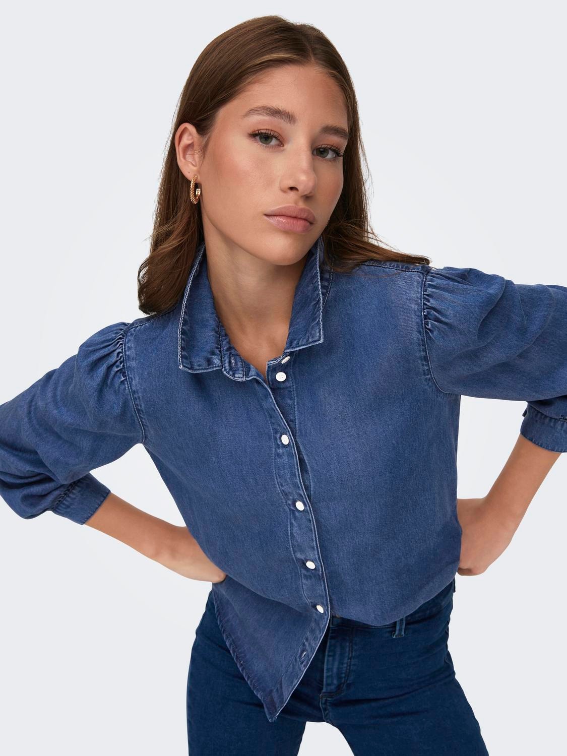 ONLY Regular Fit Skjortekrage Mansjettknapper Puffermer Skjorte -Medium Blue Denim - 15218685