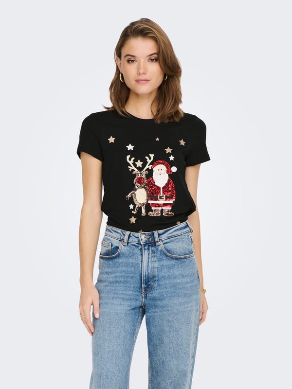 Womens Kerst Print O hals Korte Mouw Blouse Tops Tees T-shirt Casual Korte Mouw, Wit, XXL