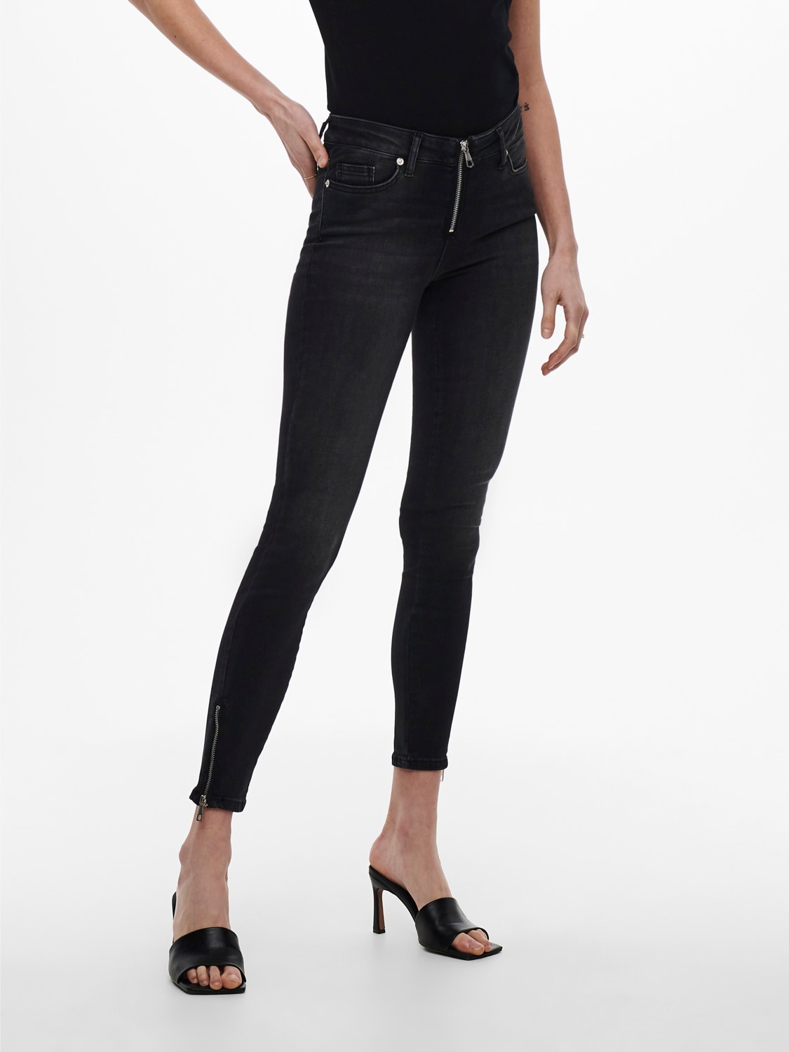 ONLY Skinny Fit Mid waist Zip detail at leg opening Jeans -Dark Grey Denim - 15222416