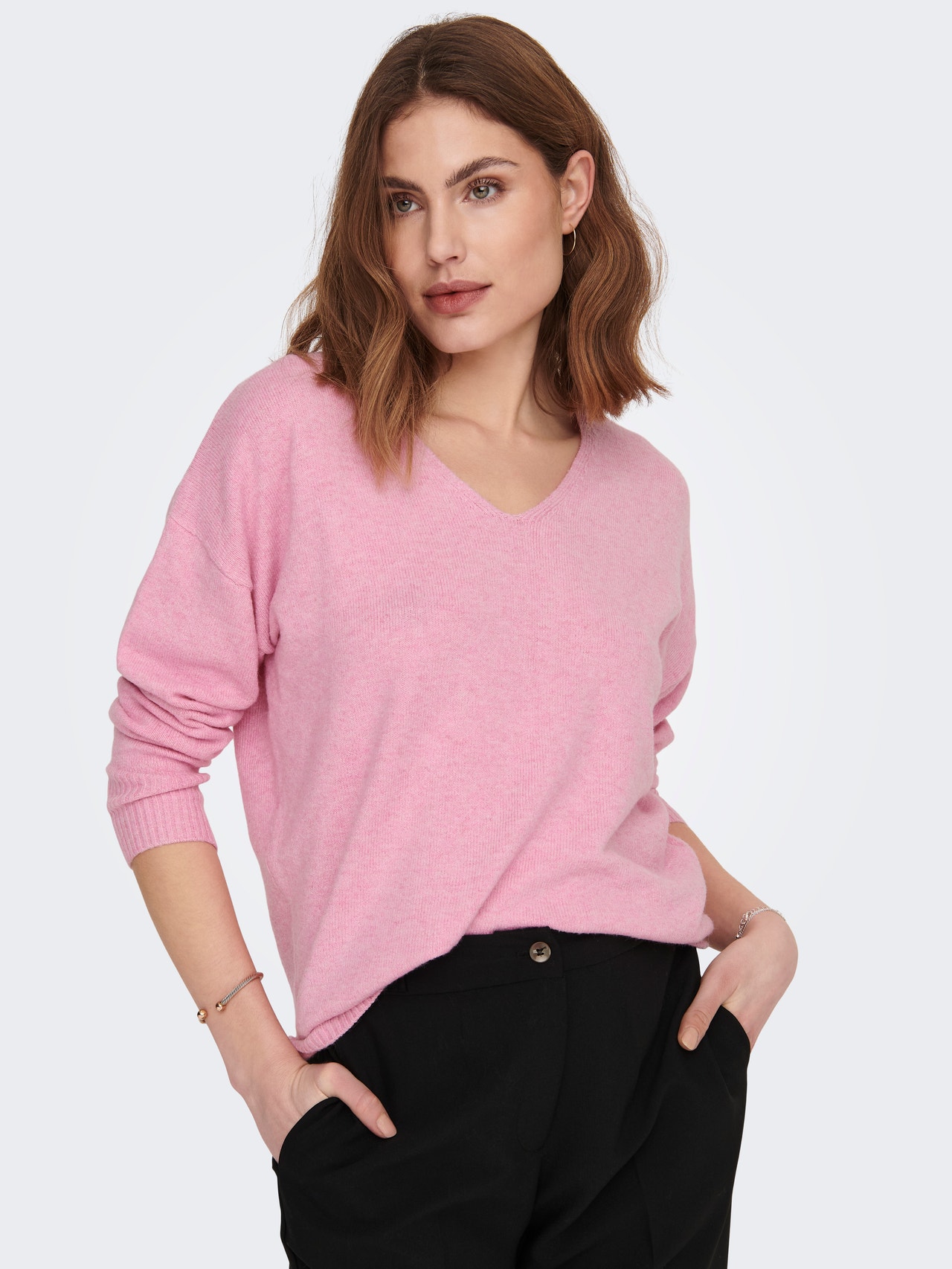 ONLY V-ringad Stickad tröja -Prism Pink - 15224360