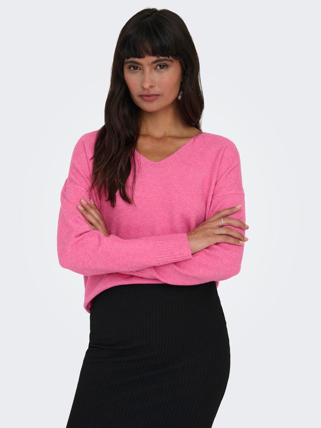 ONLY V-neck Knitted Pullover -Azalea Pink - 15224360