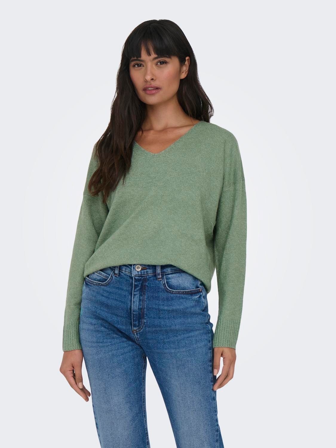 ONLY V-neck Knitted Pullover -Hedge Green - 15224360