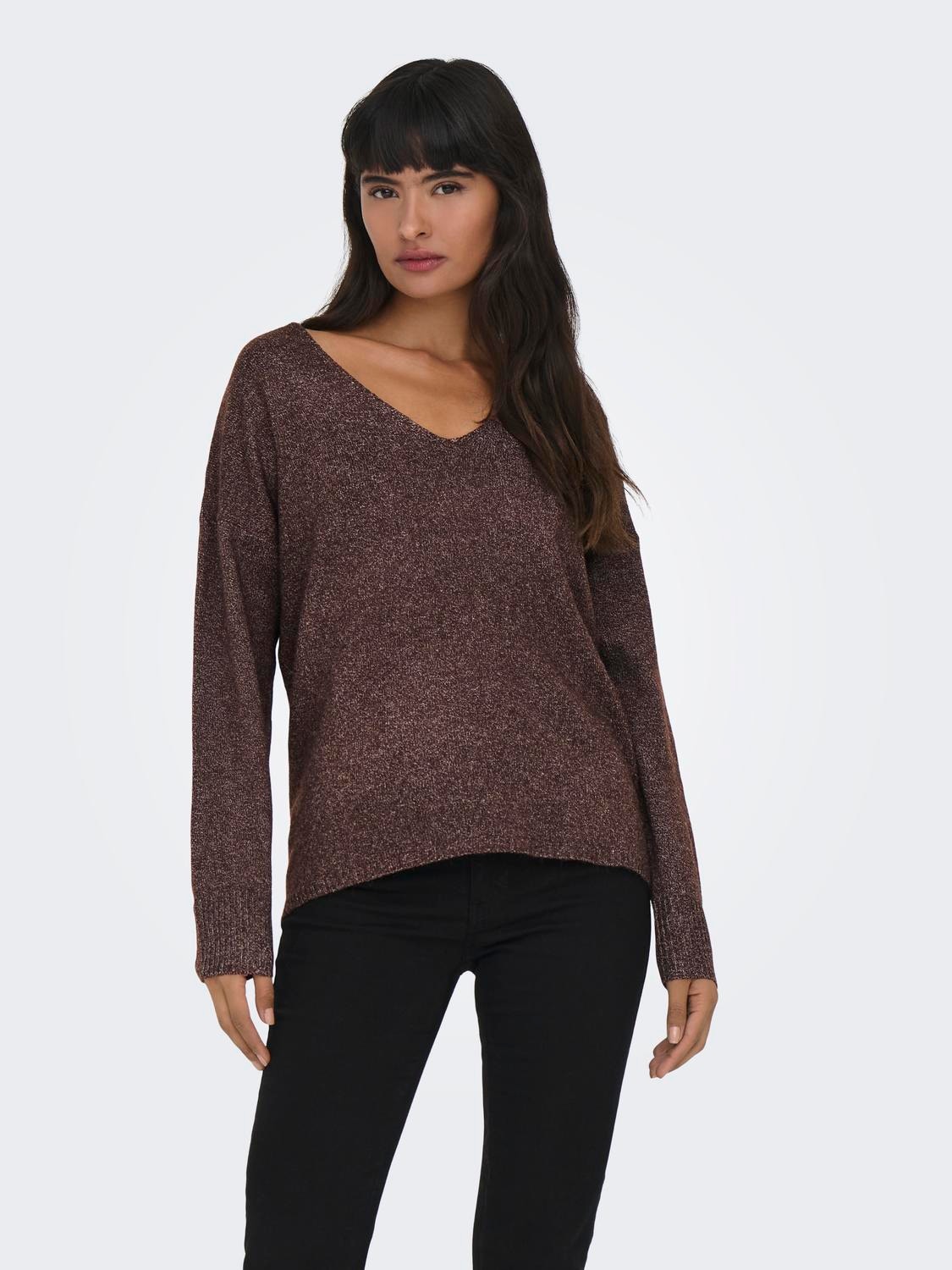 ONLY V-Neck Dropped shoulders Pullover -Deep Mahogany - 15224360