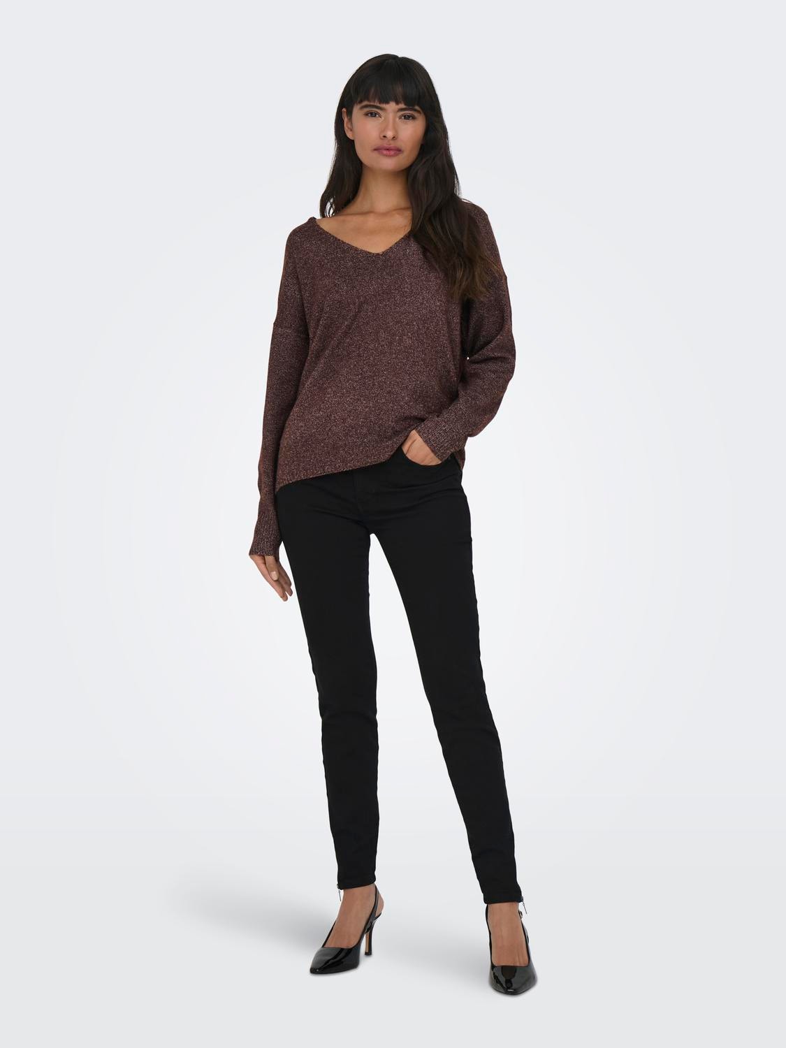 ONLY V-neck Knitted Pullover -Deep Mahogany - 15224360