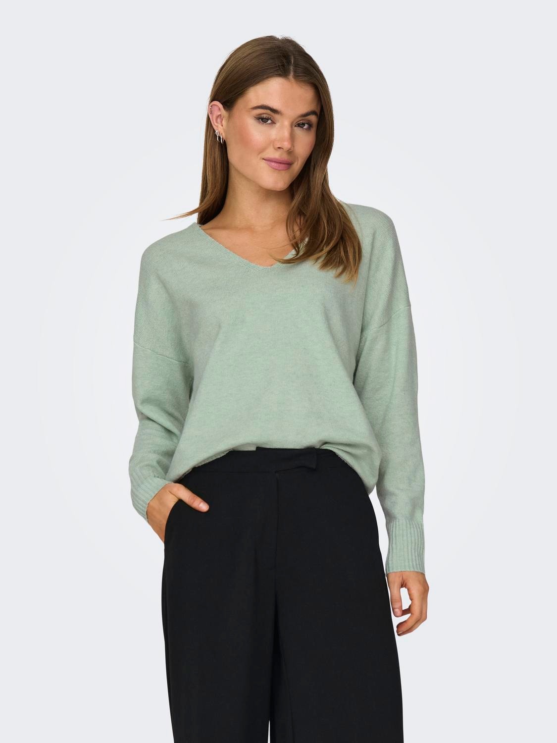 ONLY V-neck Knitted Pullover -Subtle Green - 15224360