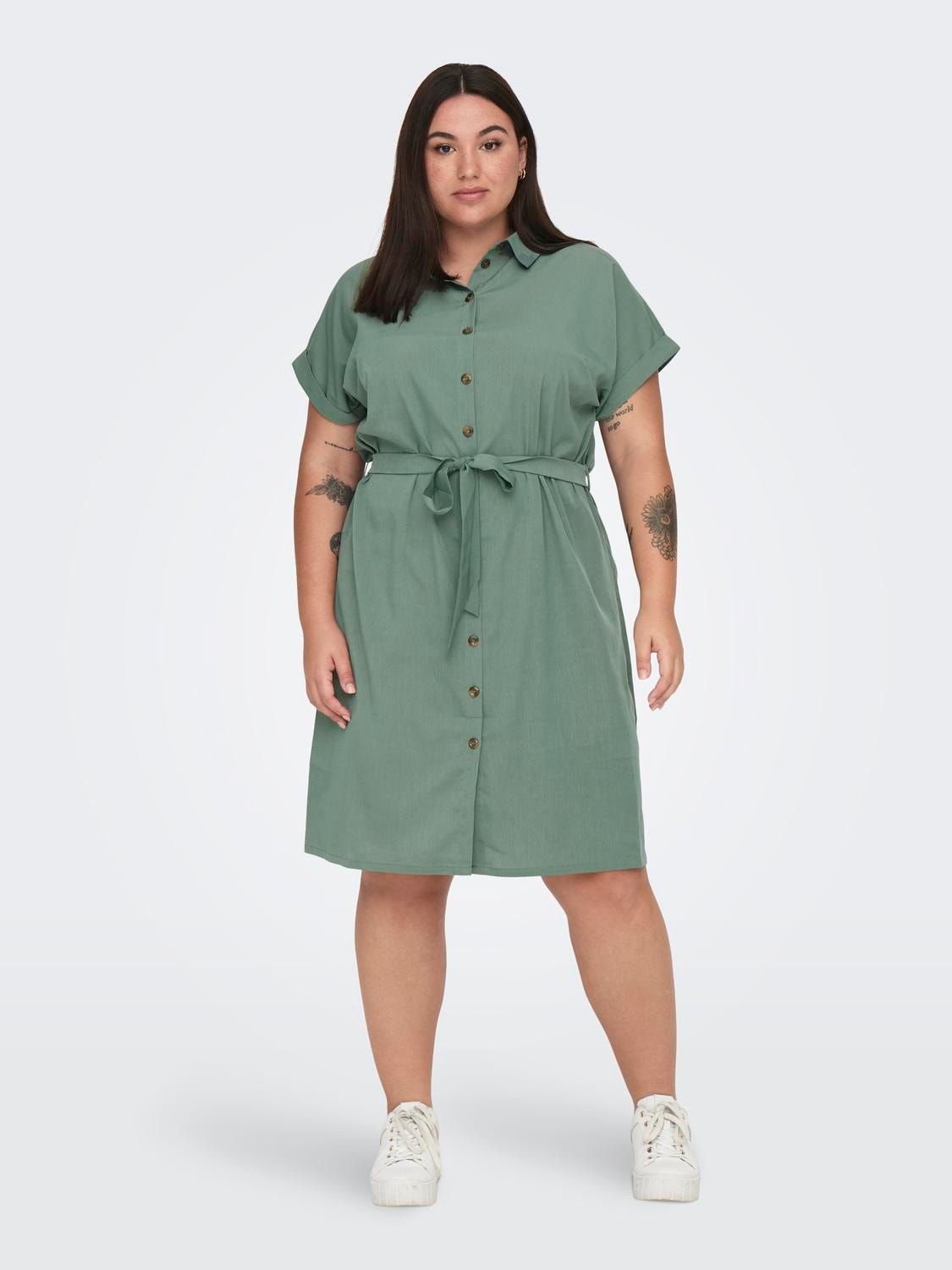 Regular Fit Shirt collar Fold-up cuffs Long dress, Medium Green