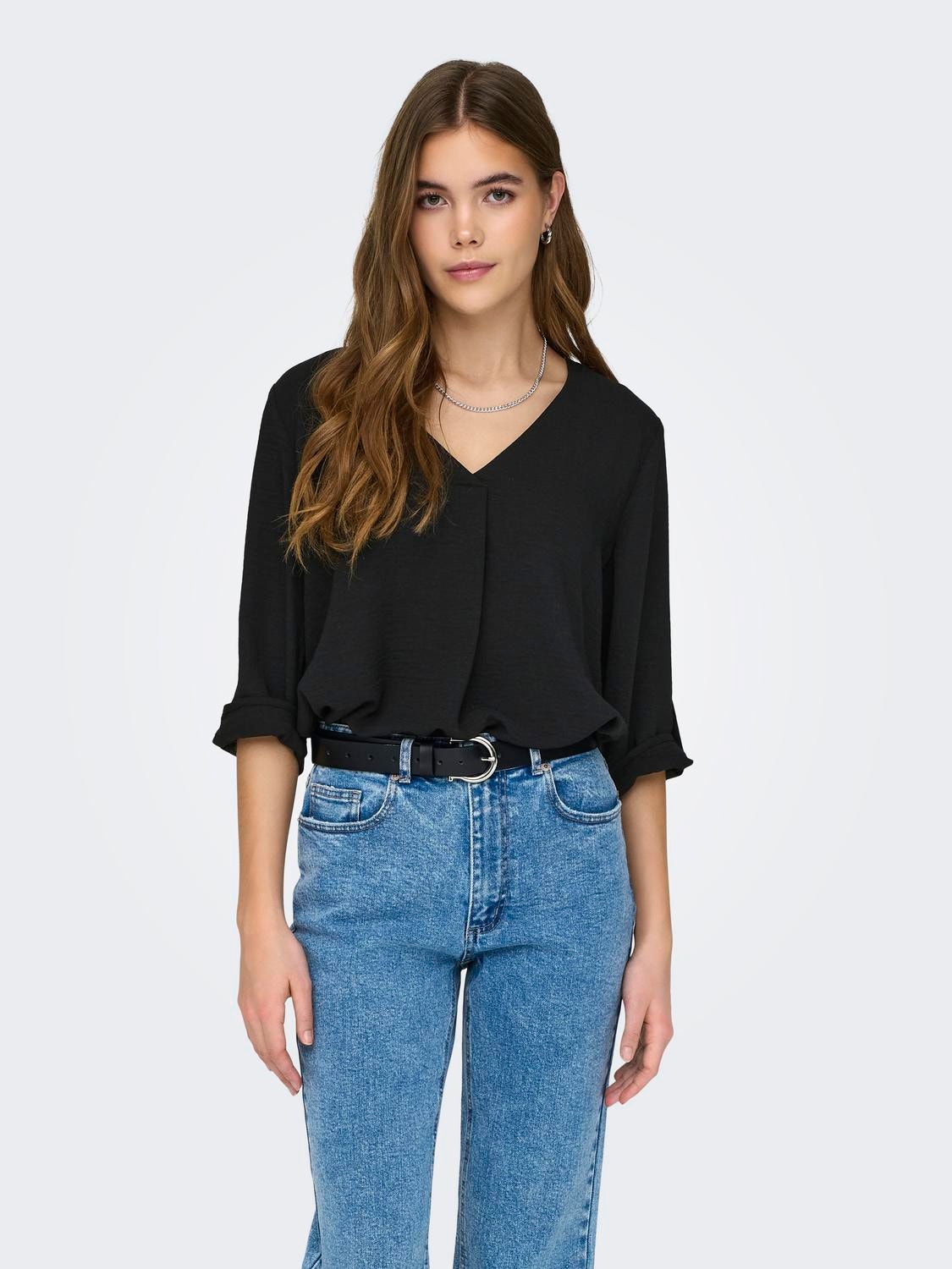 ONLY Ensfarget Topp med 3/4 ermer -Black - 15226911